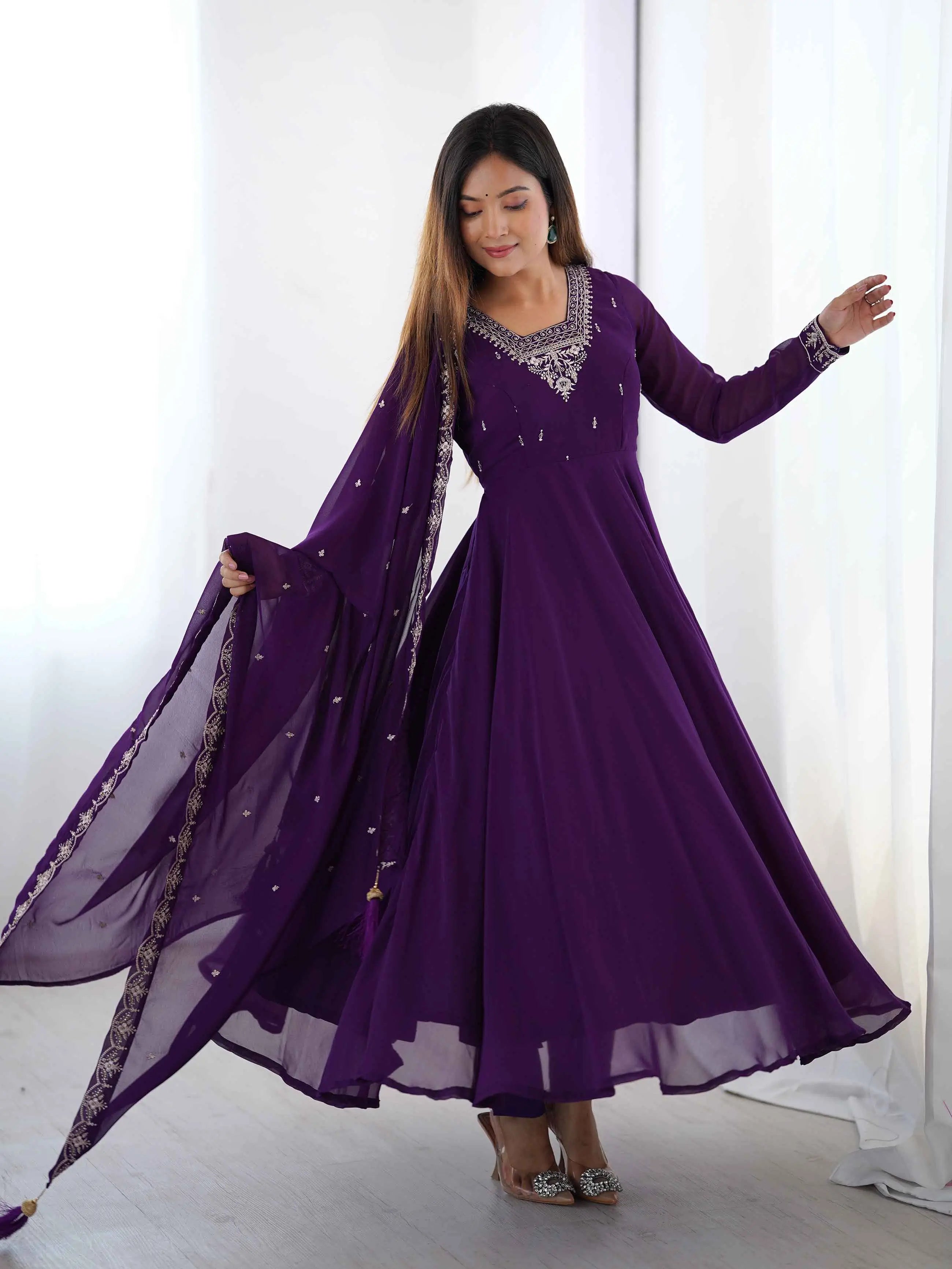 Purple Designer Embroidery Beads And Zari Work Gown With Dupatta - qivii