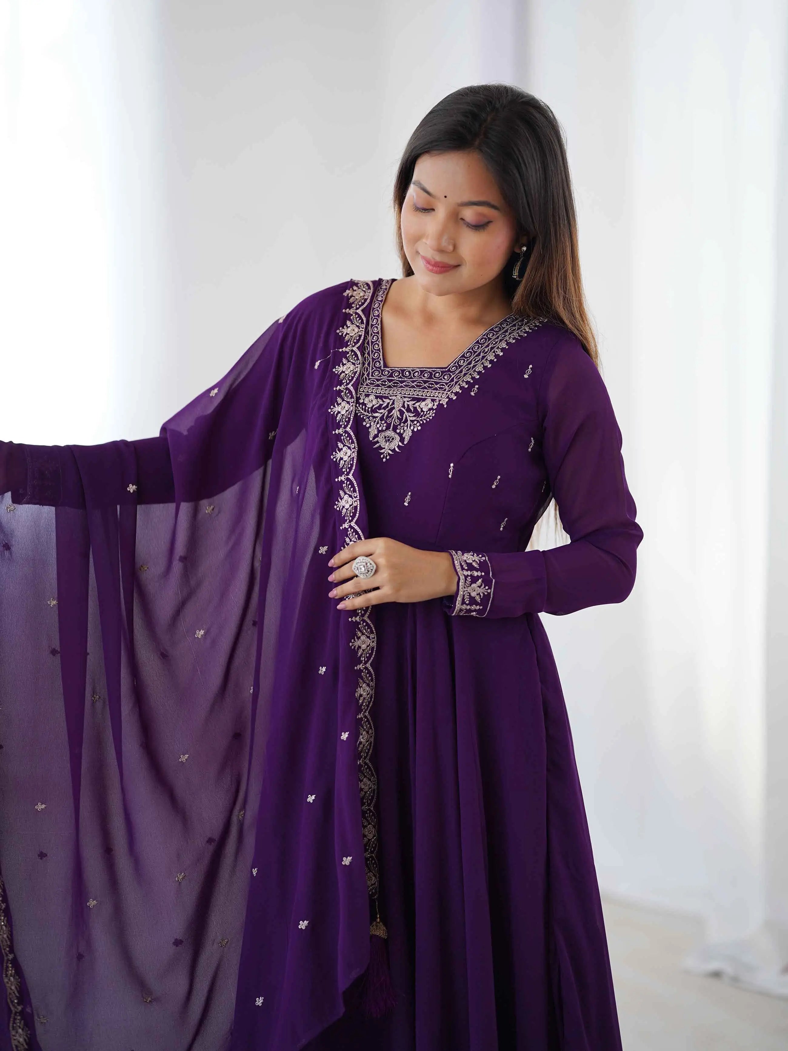 Purple Designer Embroidery Beads And Zari Work Gown With Dupatta - qivii