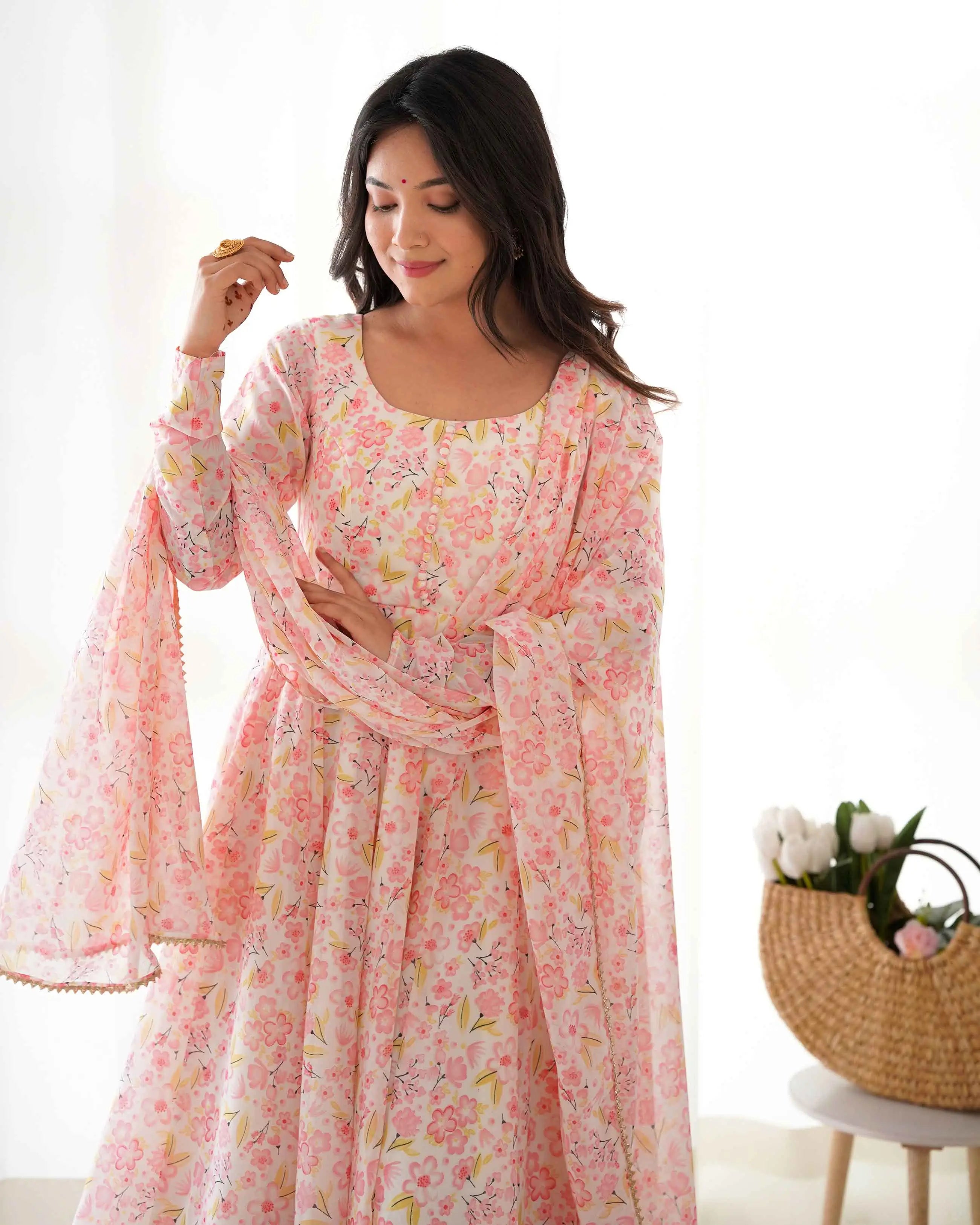 Peach Chiffon Anarkali Gown With Floral Print With Dupatta - qivii