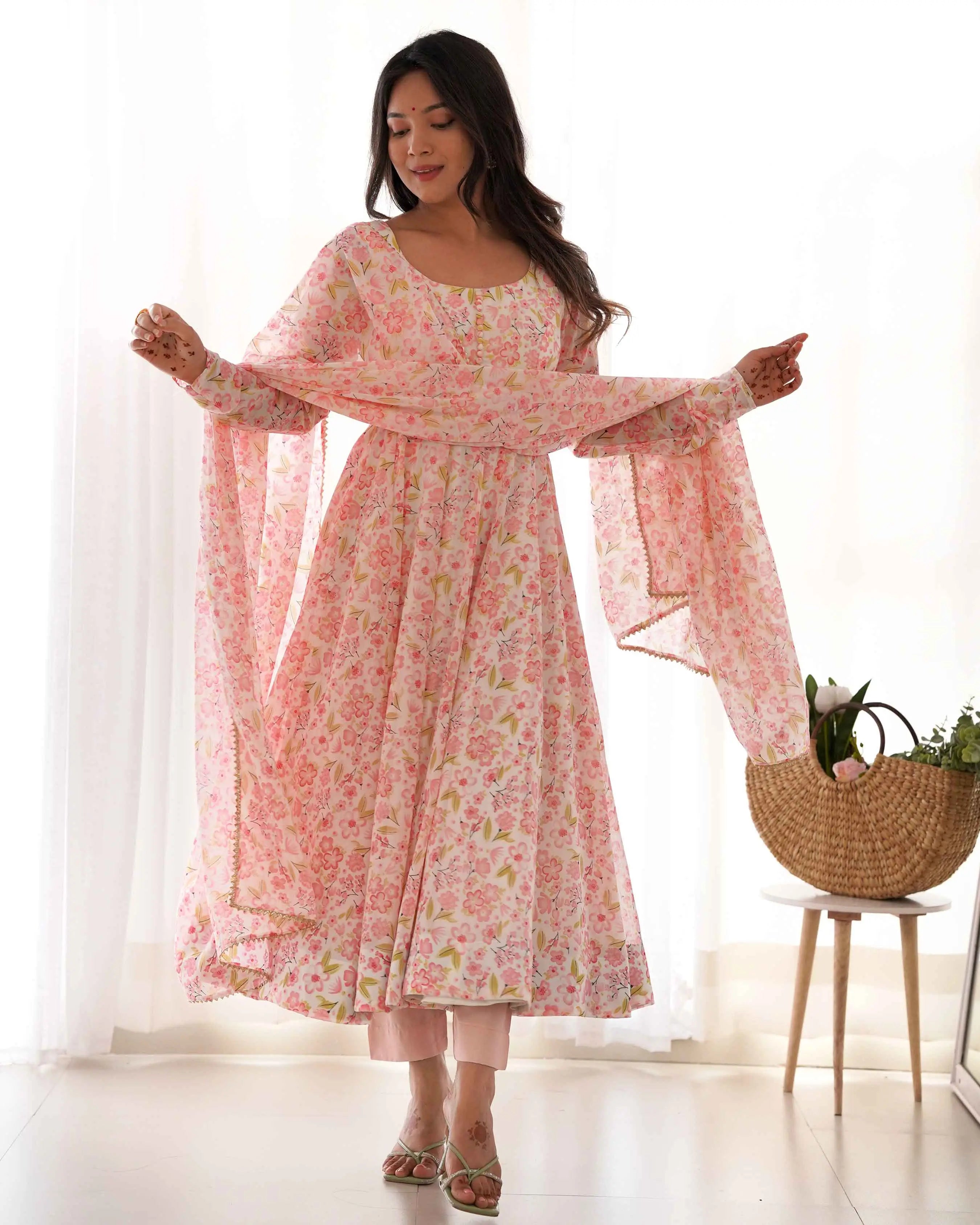 Peach Chiffon Anarkali Gown With Floral Print With Dupatta - qivii