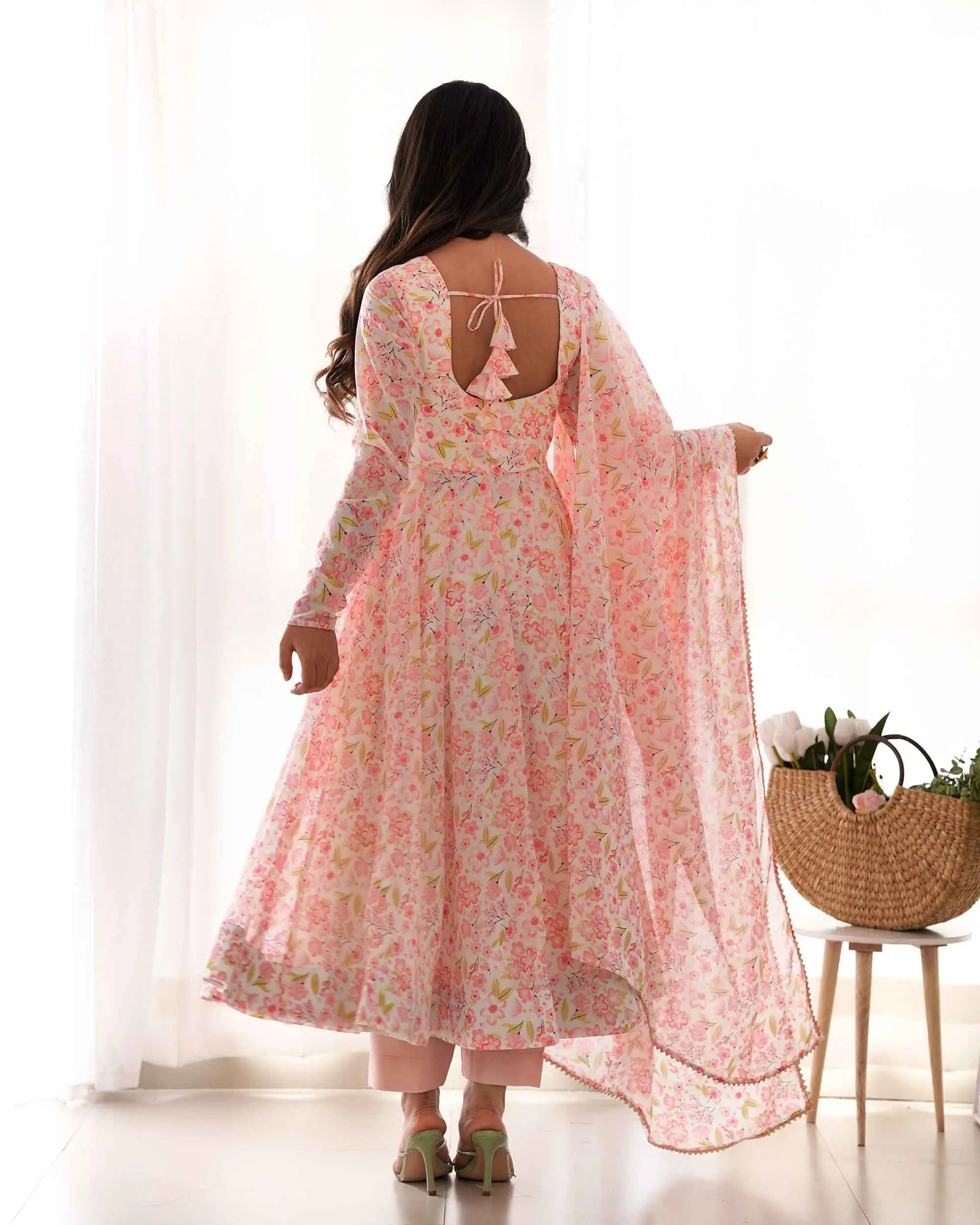 Peach Chiffon Anarkali Gown With Floral Print With Dupatta - qivii