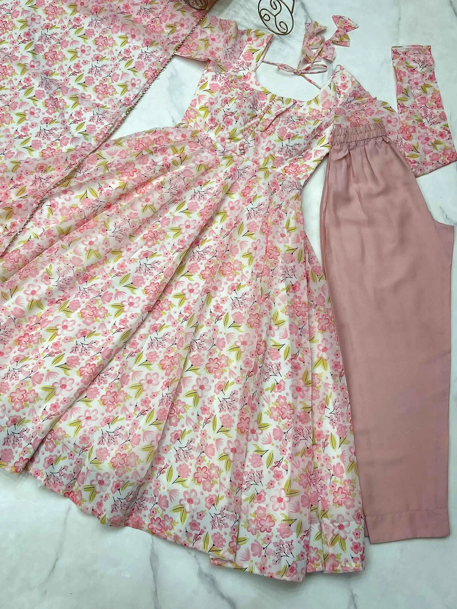 Peach Chiffon Anarkali Gown With Floral Print With Dupatta - qivii