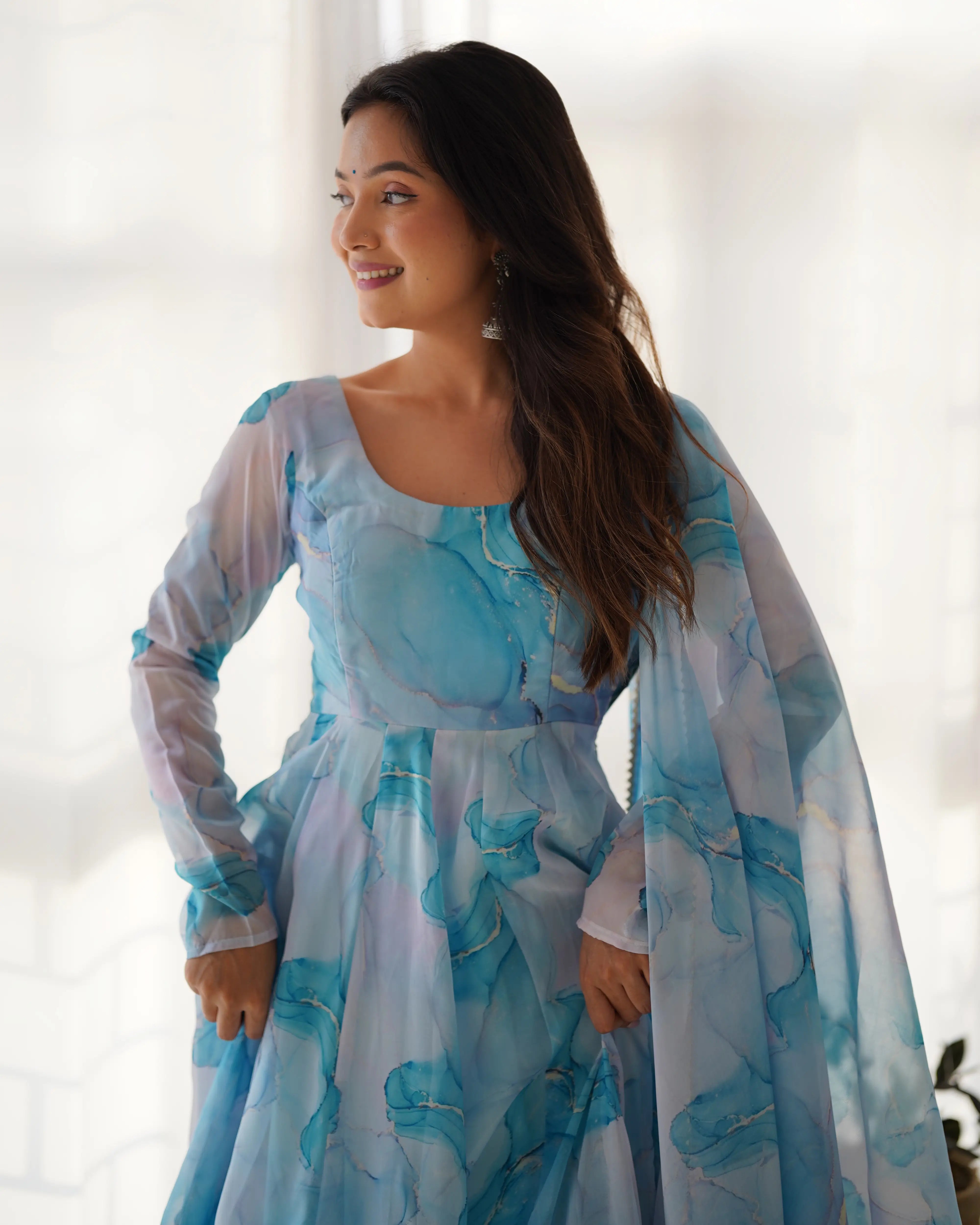 Sky Blue Organza Silk With Marble Print Anarkali Gown And Dupatta - qivii