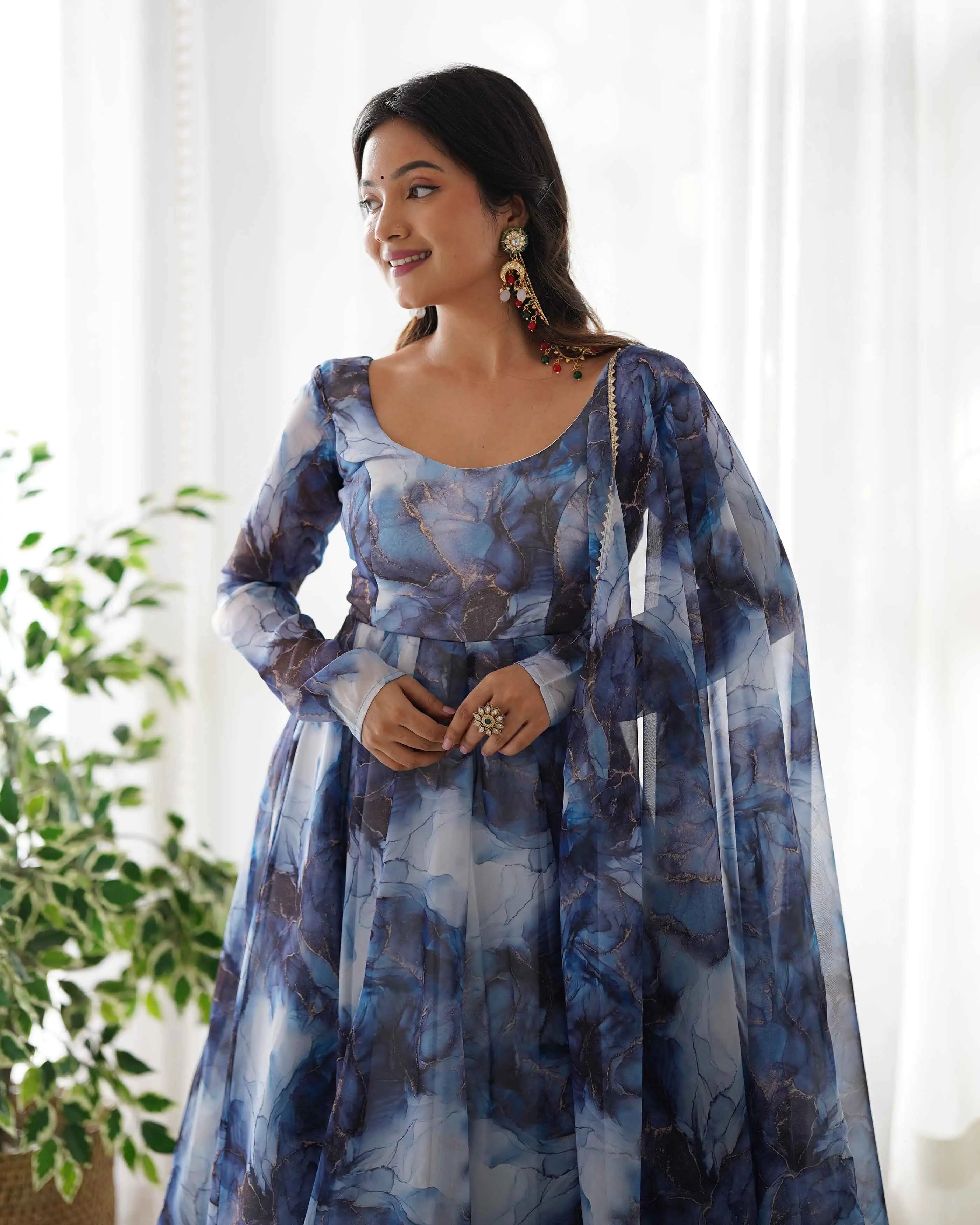 Navy Blue Organza Silk With Marble Print Anarkali Gown And Dupatta - qivii