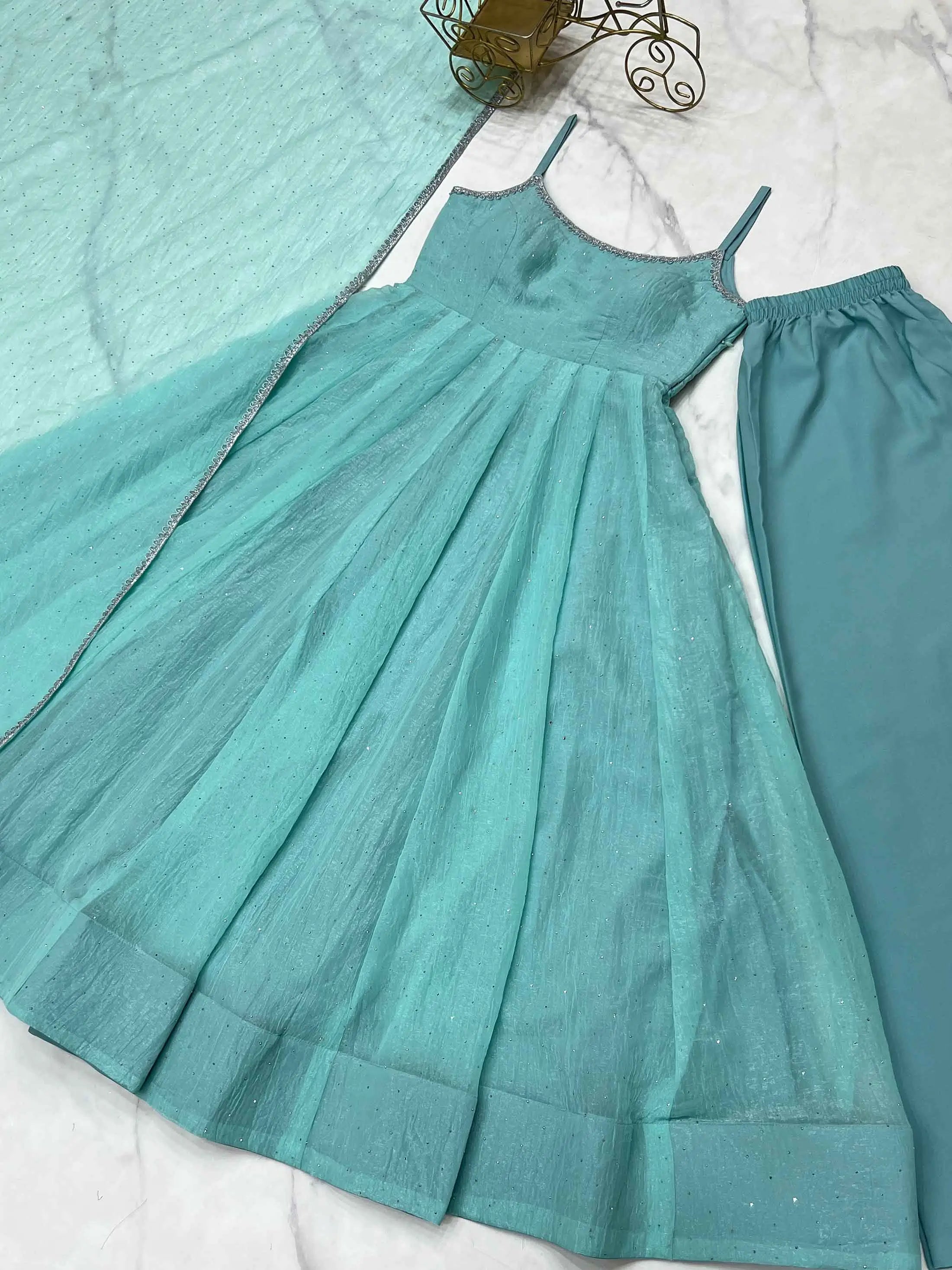 Sky Blue Crunchy Silk With Siroski Work Anarkali Gown And Dupatta - qivii