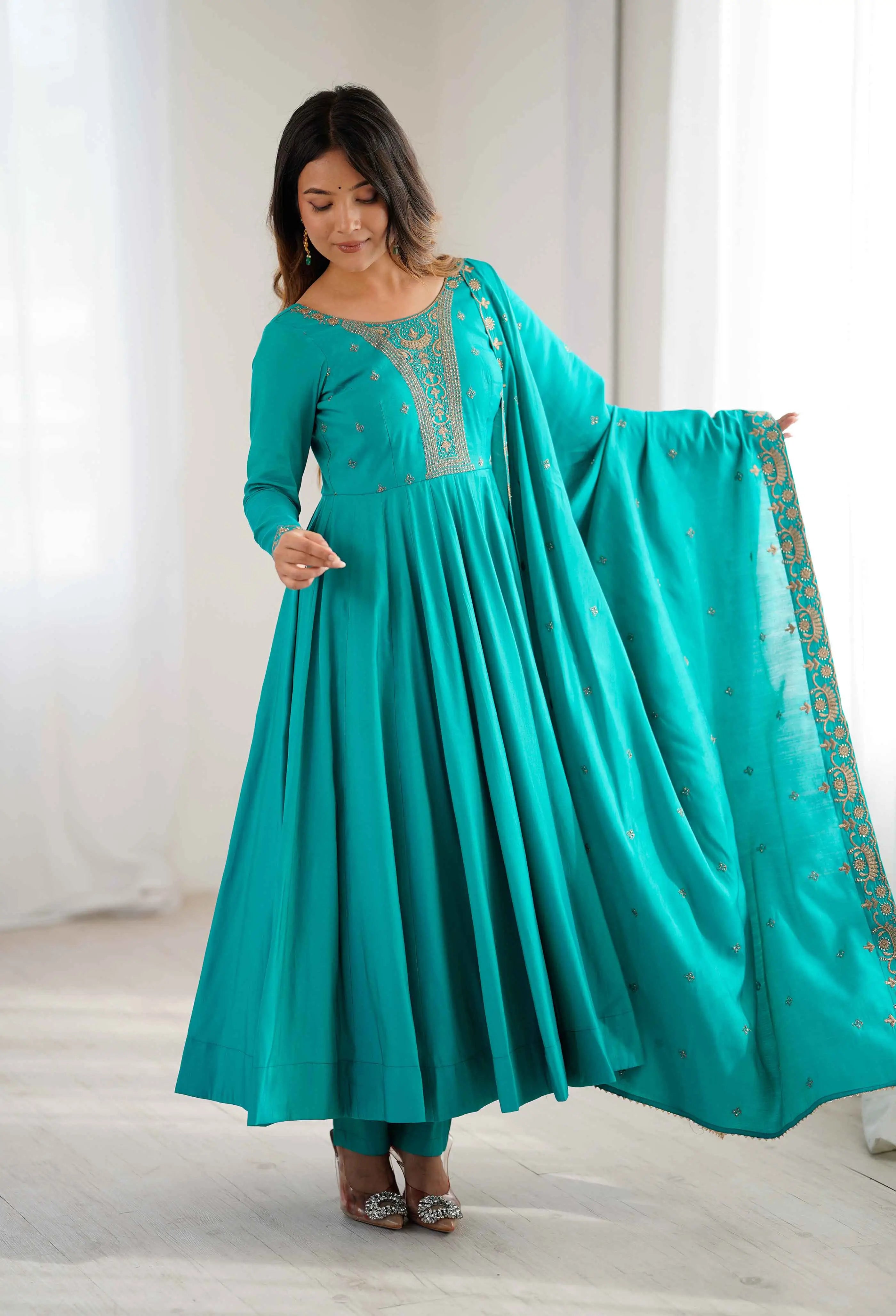 Dark Cyan Silk Gown With Beads Hand Work