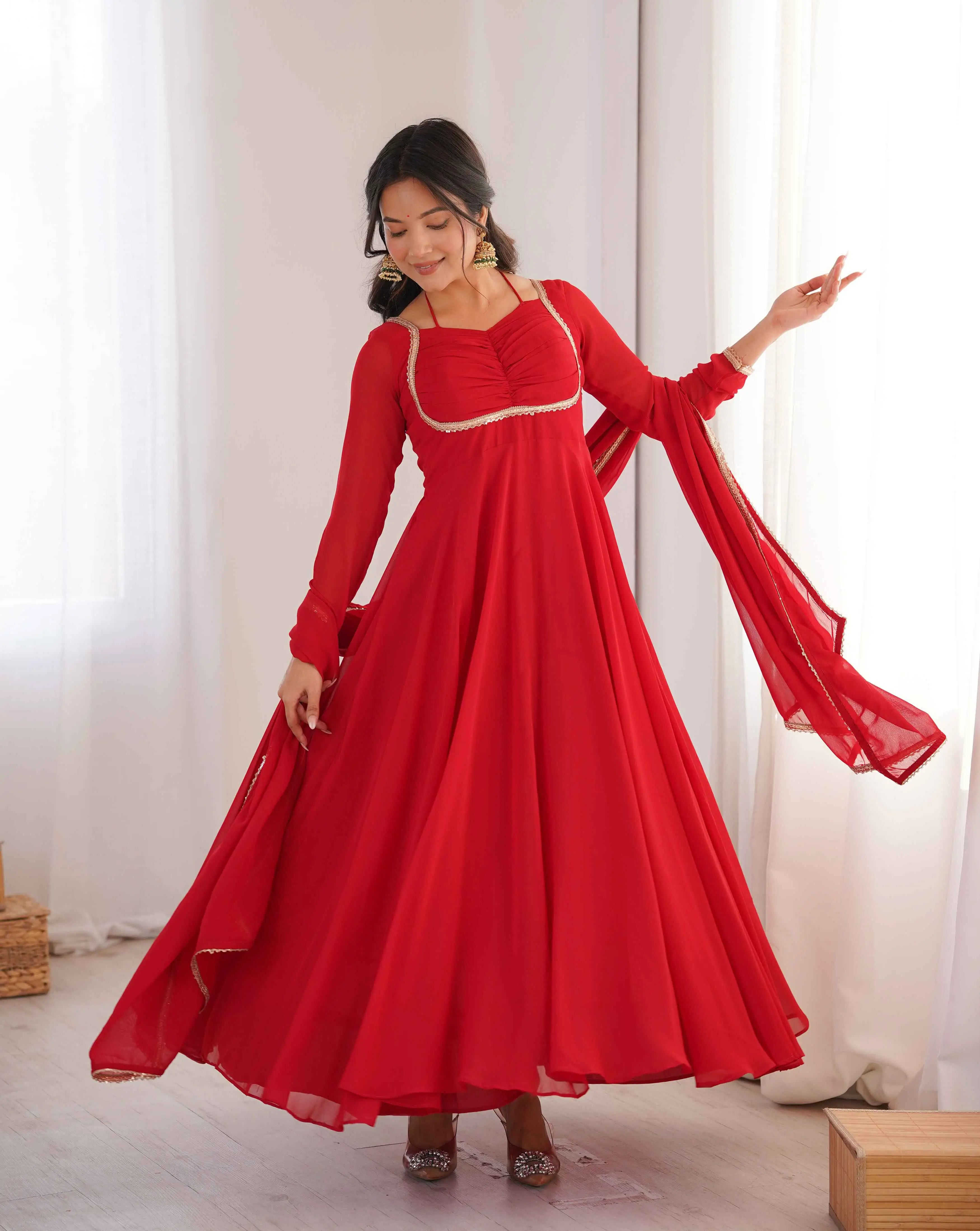 Designer Red Georgette Gown With Dupatta