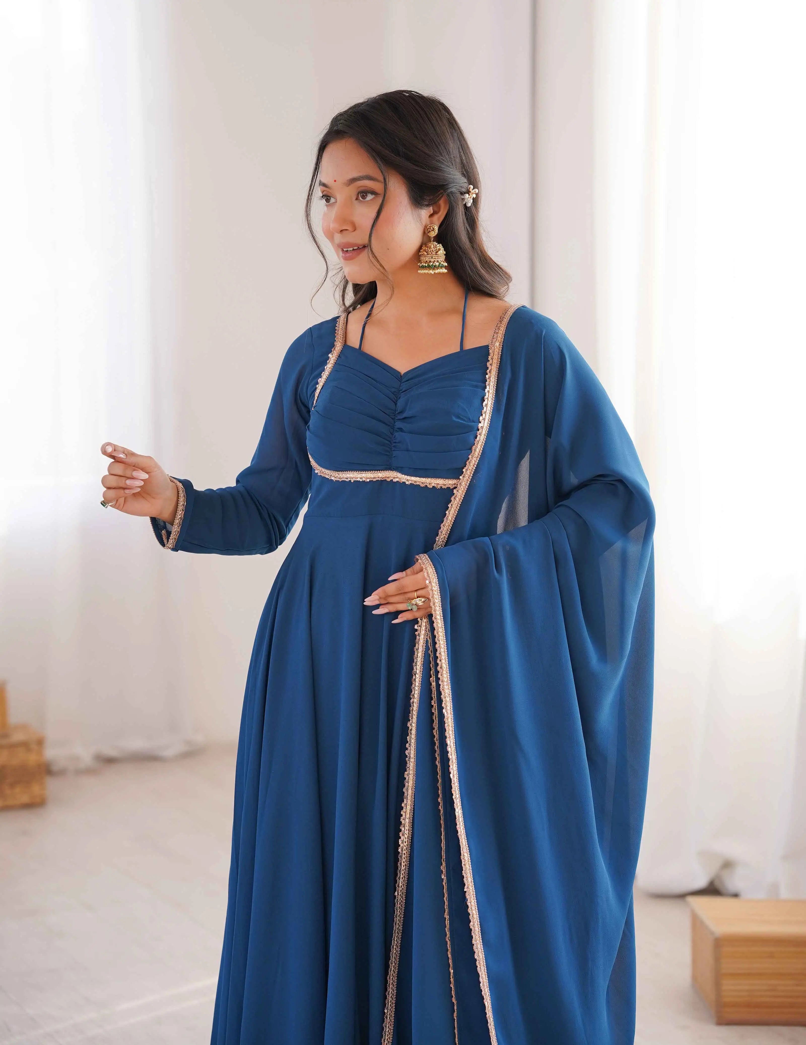 Designer Teal Blue Georgette Gown & Dupatta