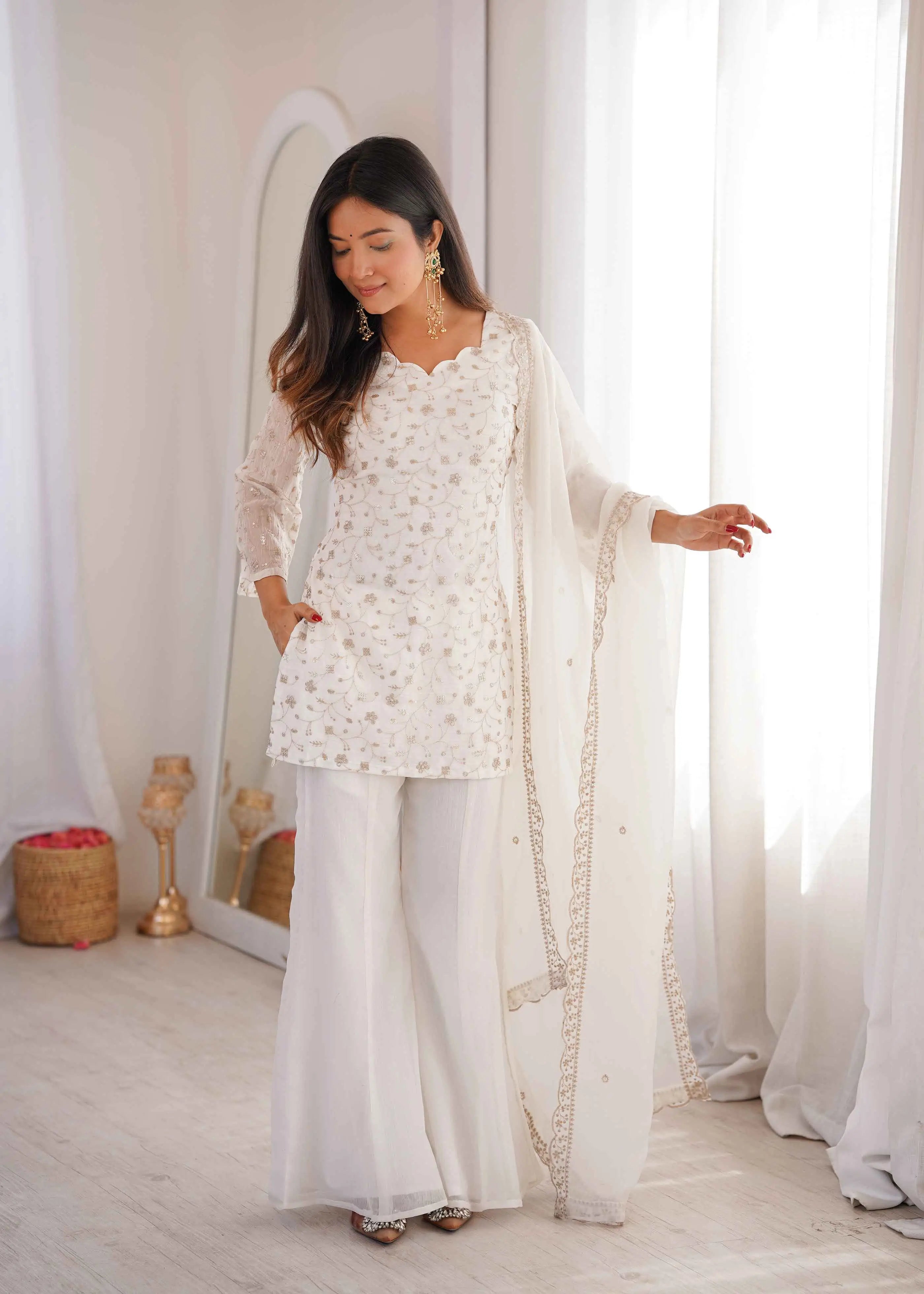 Off White Silk Embroidered Sharara Suit