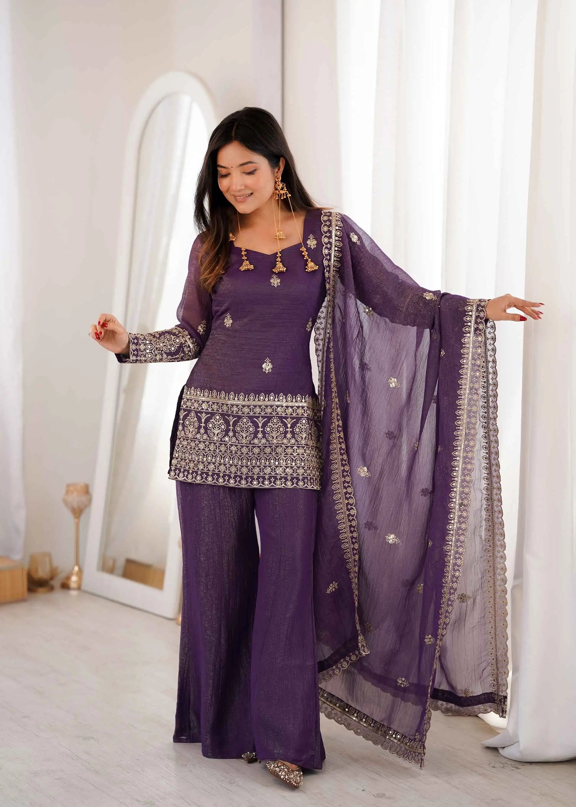 Plum Purple Silk Embroidered Sharara Suit