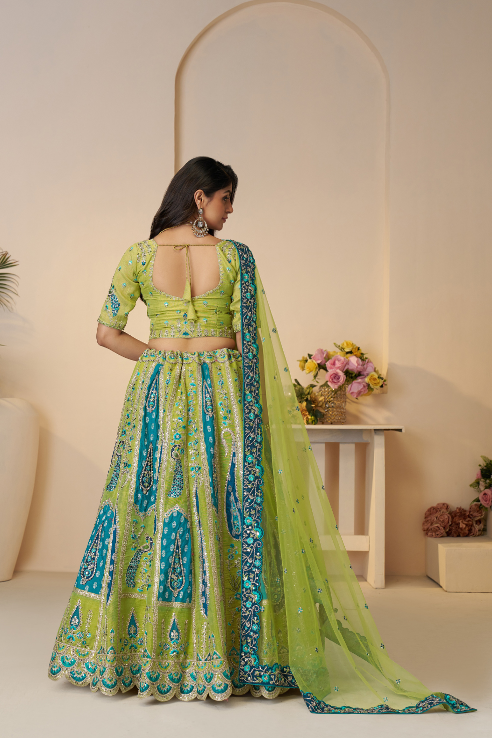 Alluring Golden Sangeet Lehenga Choli with Bel Butti Pattern - qivii