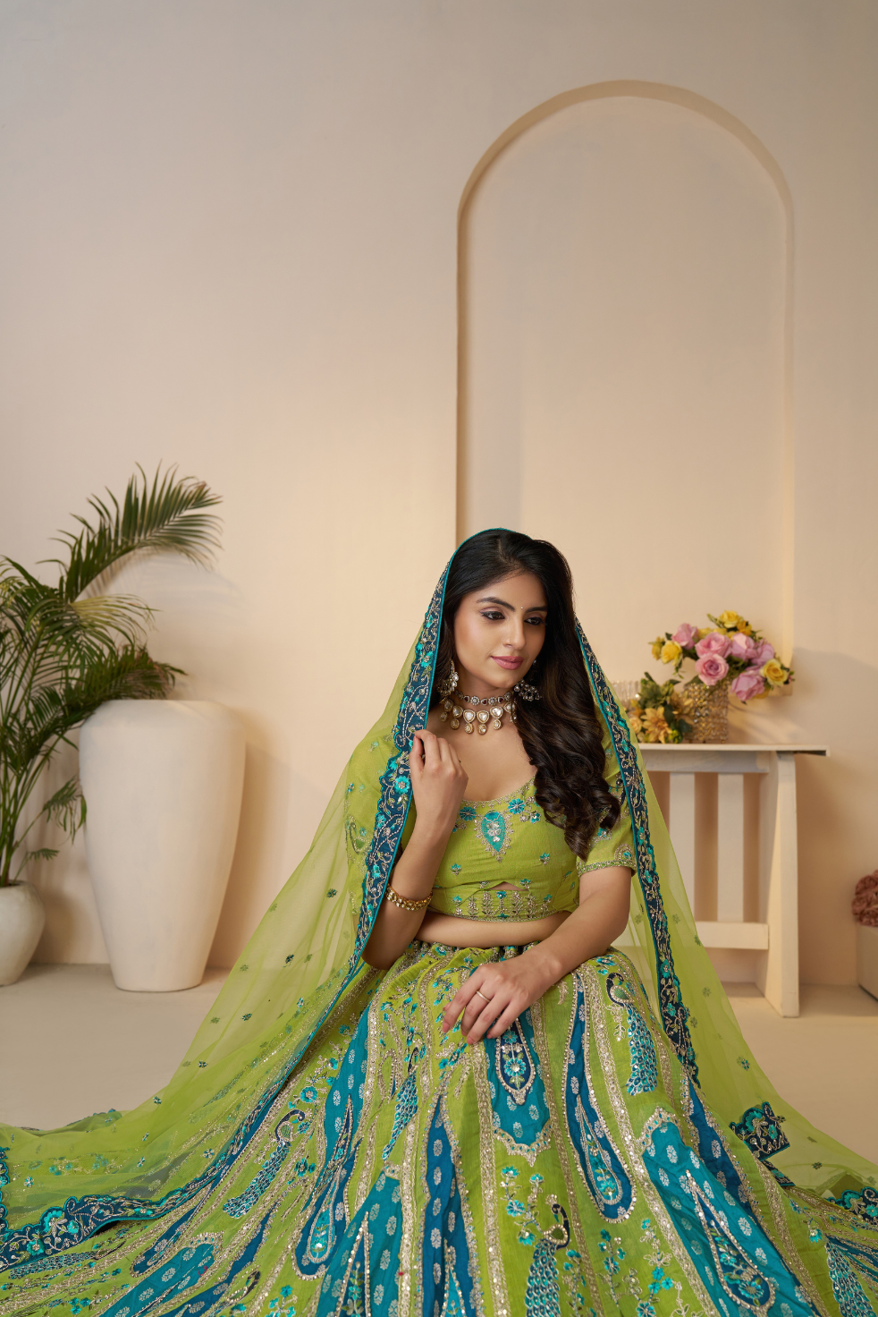 Alluring Golden Sangeet Lehenga Choli with Bel Butti Pattern - qivii