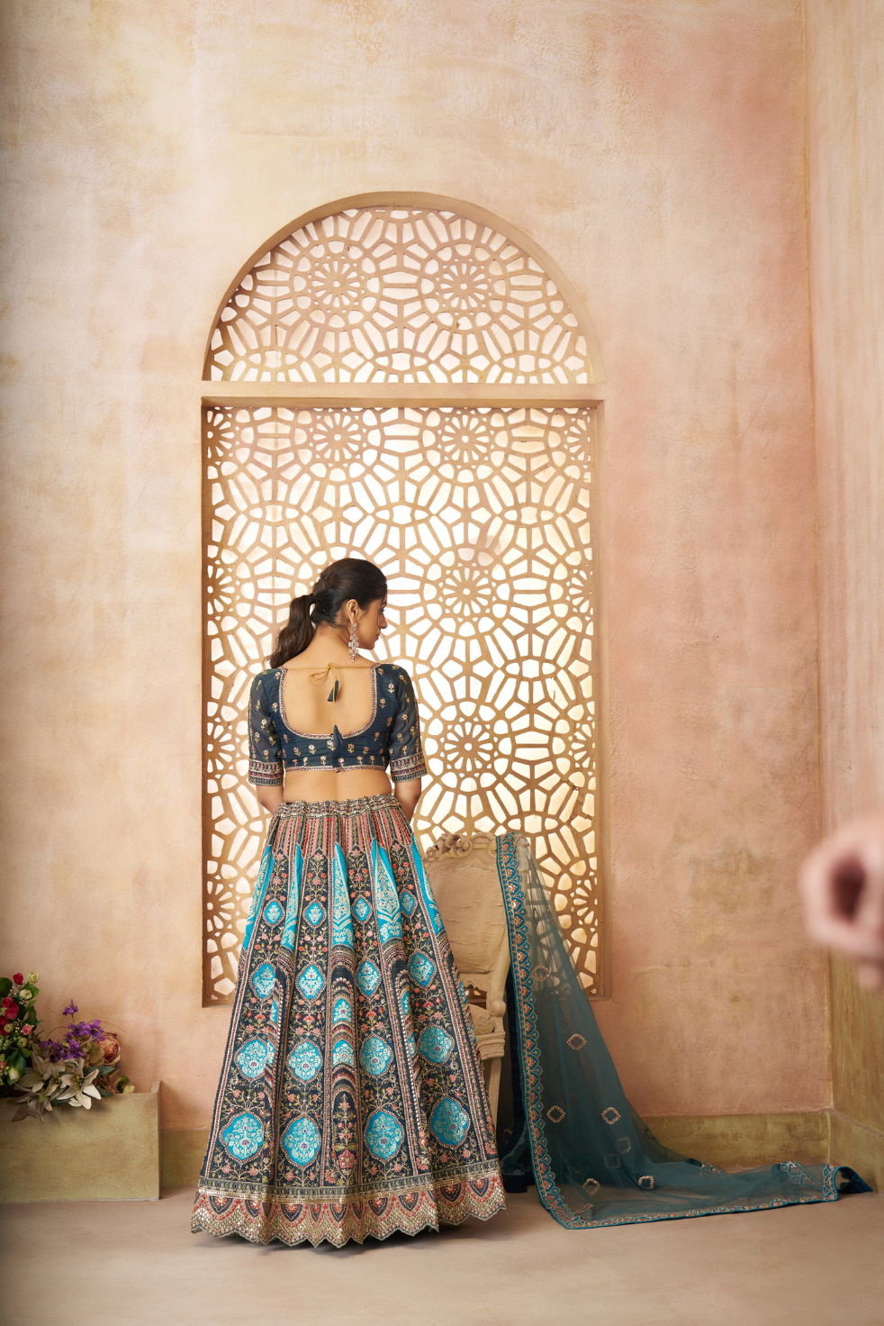 Blue Aari Embroidered Banarasi Lehenga for Brides - qivii