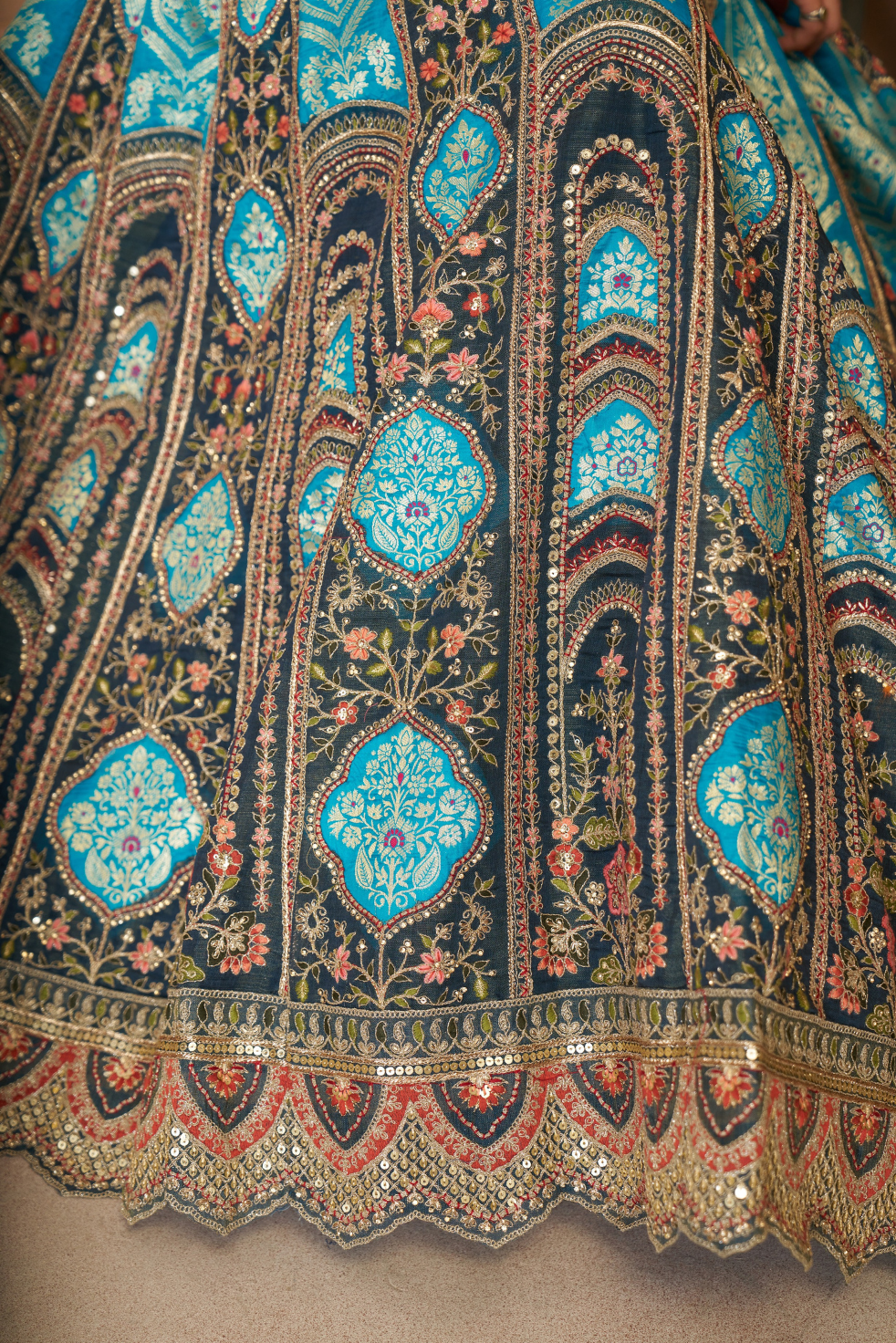 Blue Aari Embroidered Banarasi Lehenga for Brides - qivii