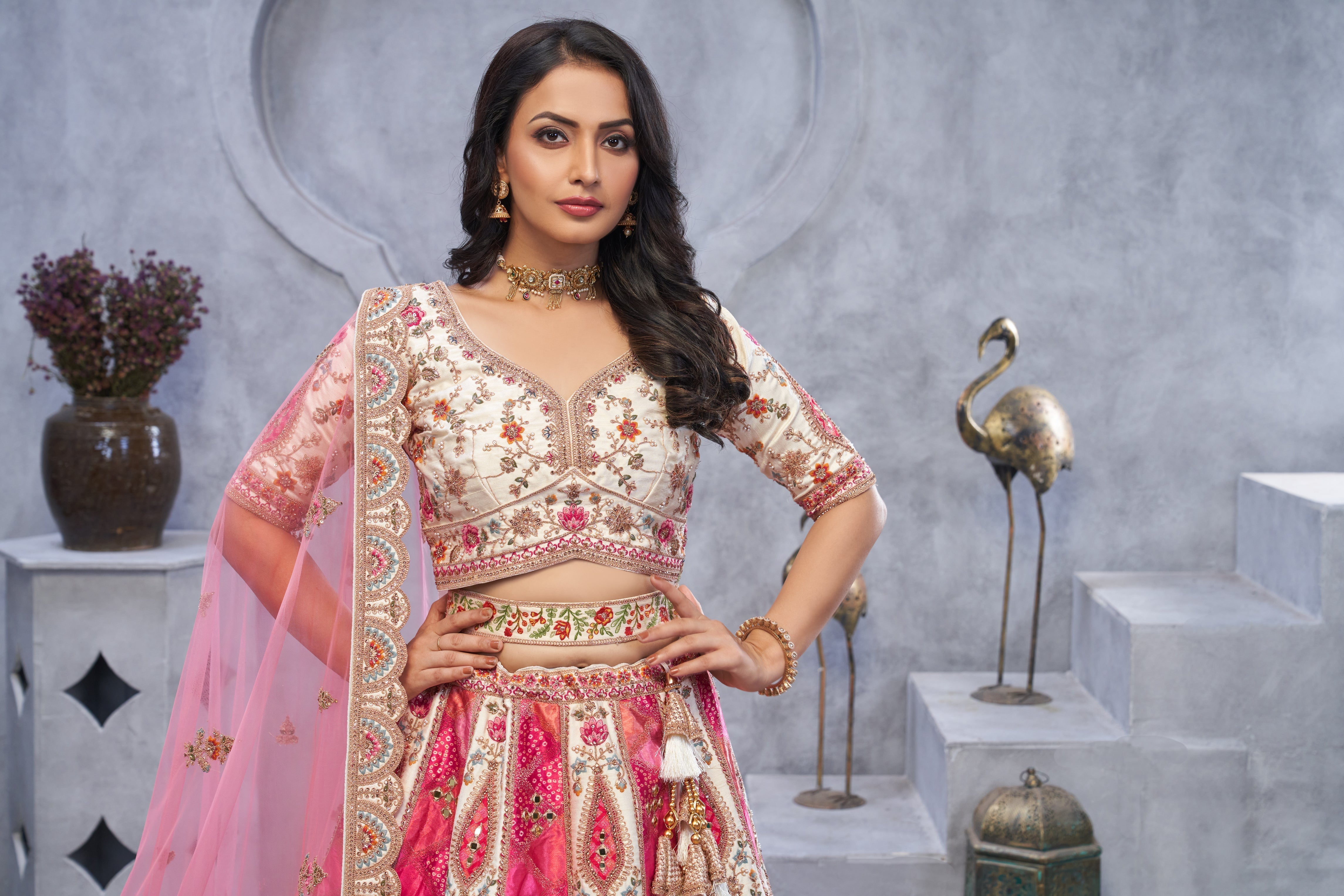 Bridal Lehenga with Temple Motifs, Peacock Embroidery & Bandhej Jacquard Patches - qivii