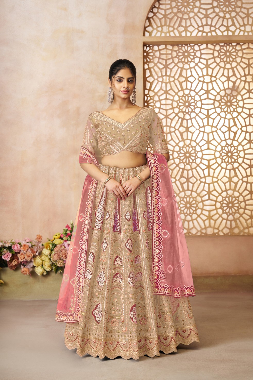 Champagne Chiku Aari Embroidered Banarasi Lehenga - qivii