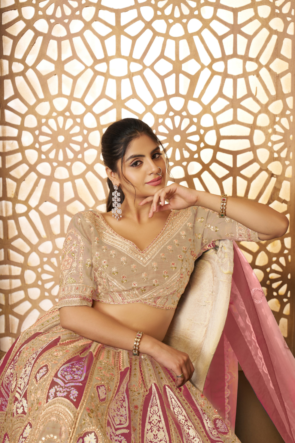 Champagne Chiku Aari Embroidered Banarasi Lehenga - qivii
