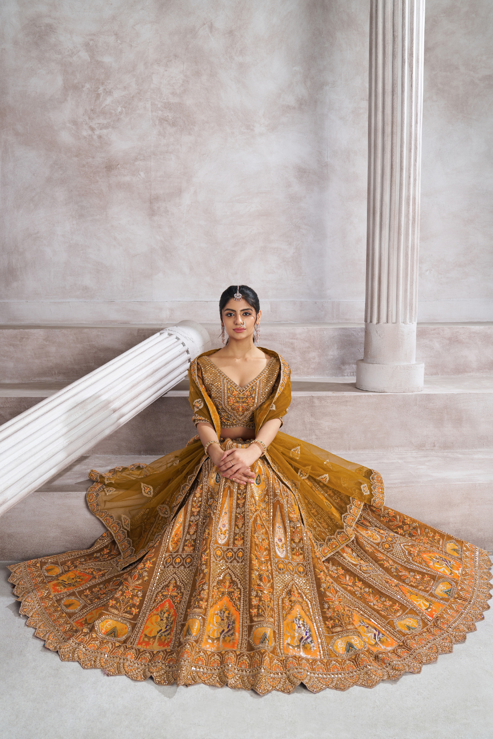 Earthy Mustard Bridal Lehenga with Patch & Aari Work - qivii