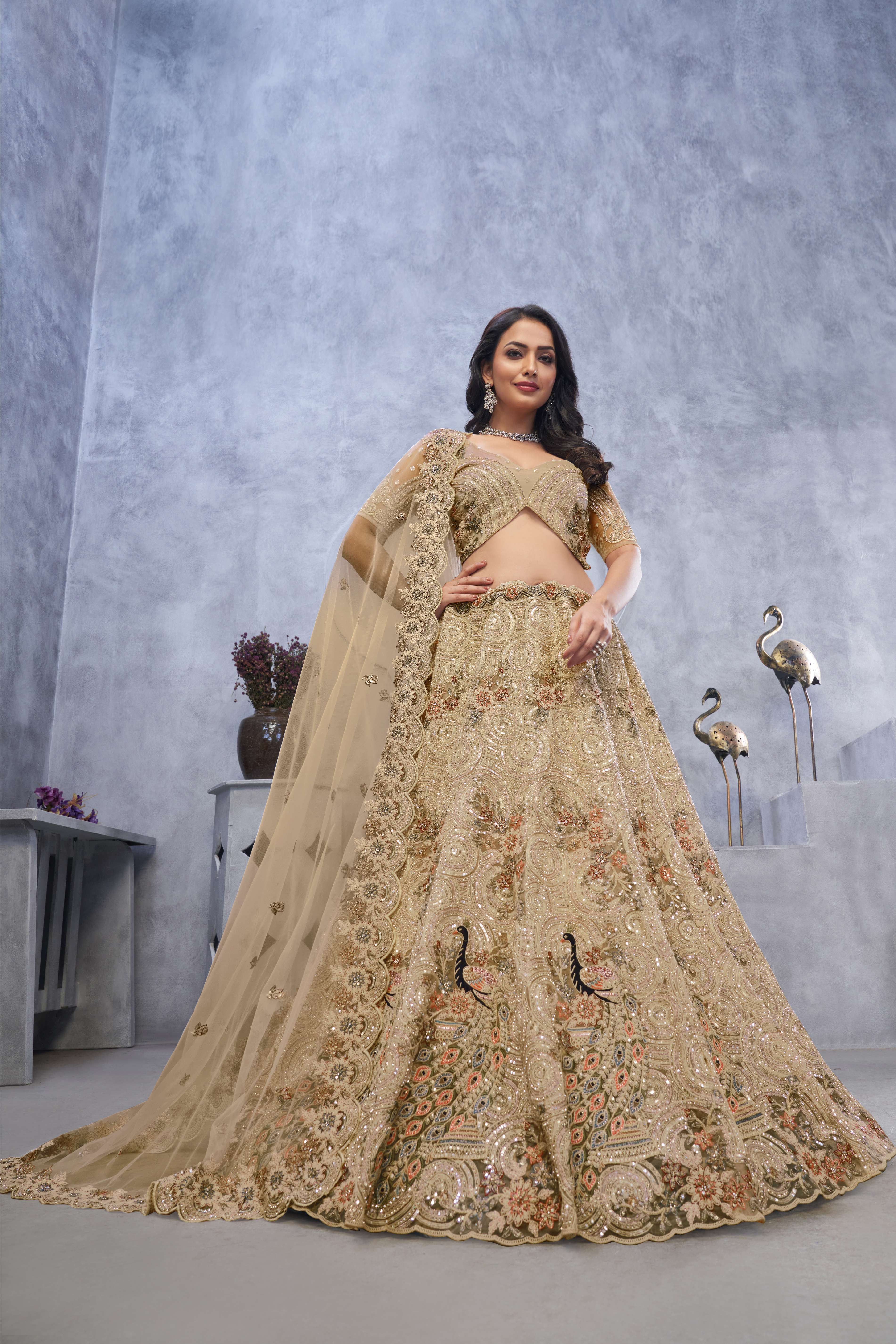 Golden Sangeet Lehenga Choli with Alluring Bel Butti Pattern - qivii