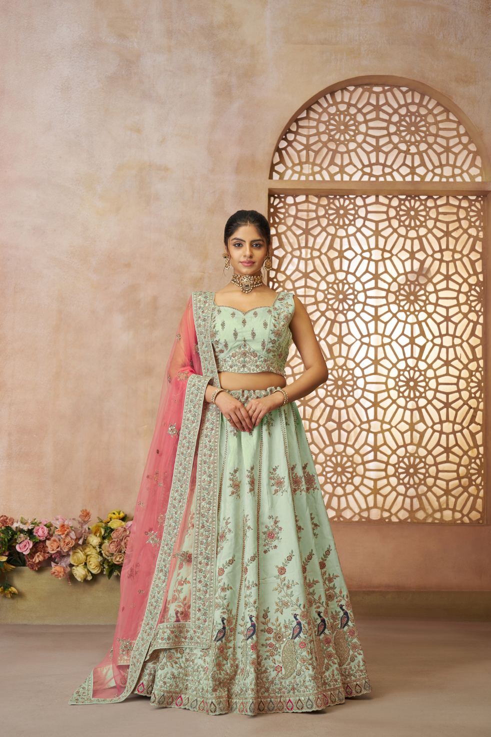 Green Zari Weaving Silk Wedding Lehenga Choli with Dupatta - qivii