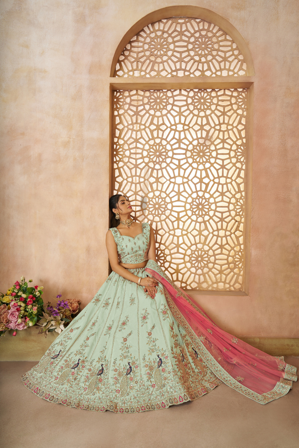 Green Zari Weaving Silk Wedding Lehenga Choli with Dupatta - qivii