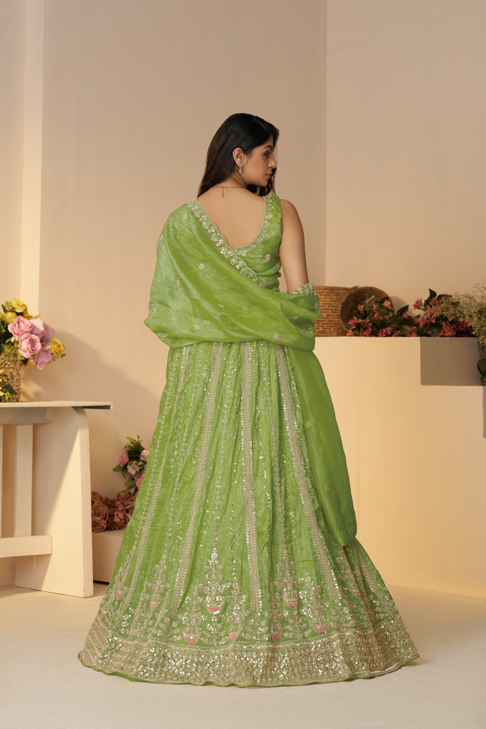 Mehendi Function Lehenga with Sequin and Cut Dana Work for Brides - qivii