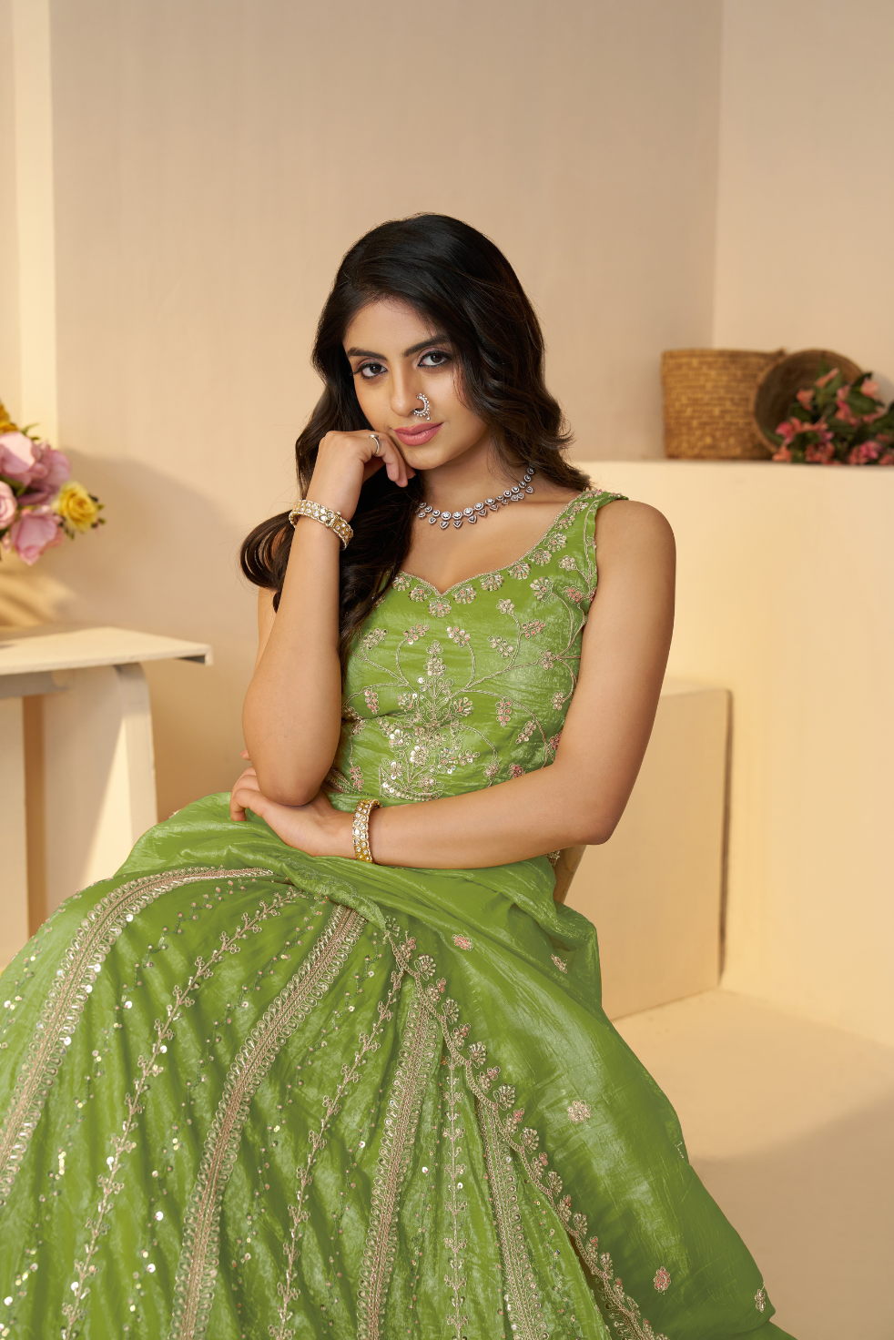 Mehendi Function Lehenga with Sequin and Cut Dana Work for Brides - qivii