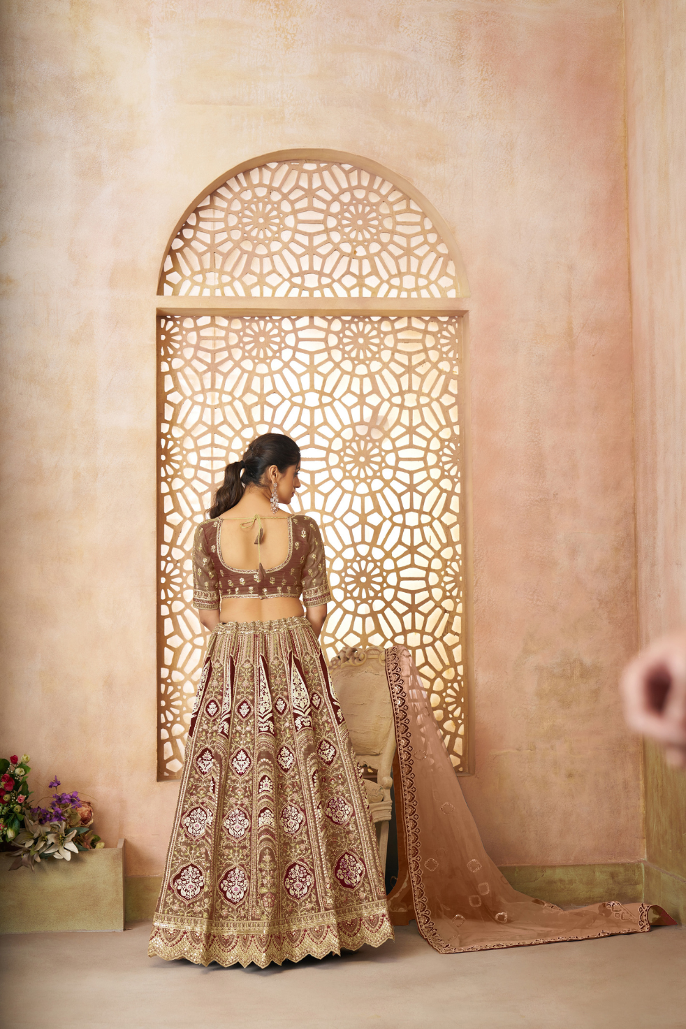 Mocha/Coffee Color Aari Embroidered Banarasi Lehenga for Brides - qivii