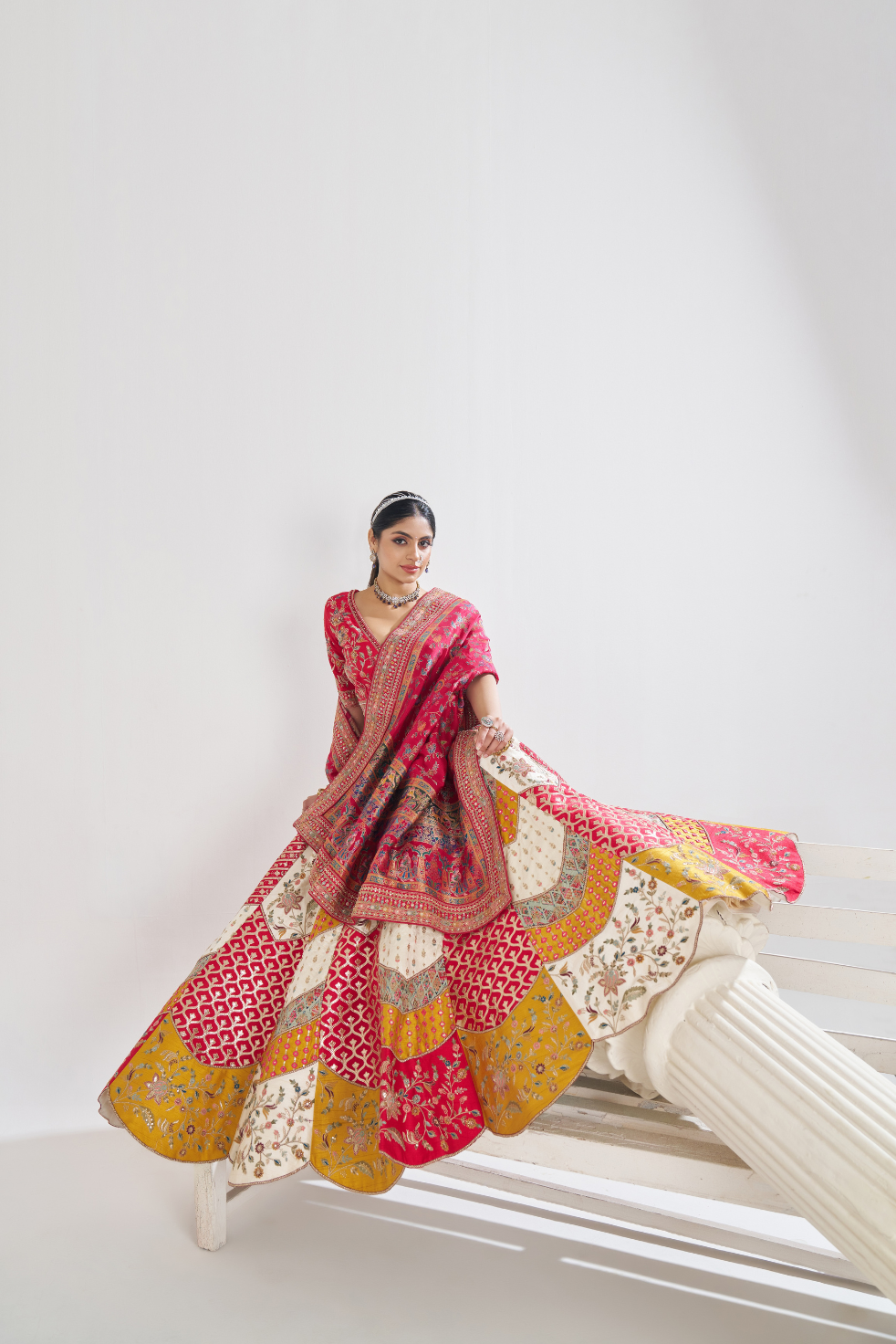 Multicolor Banarsi Mosaic Bridal Lehenga with Scalloped Design - qivii