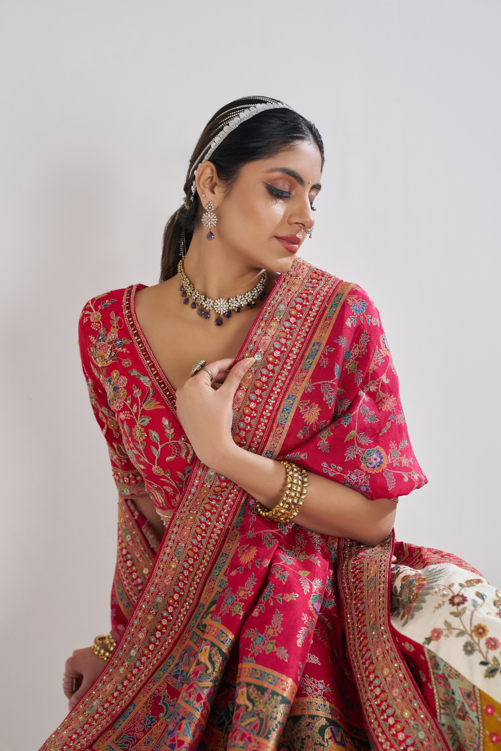 Multicolor Banarsi Mosaic Bridal Lehenga with Scalloped Design - qivii