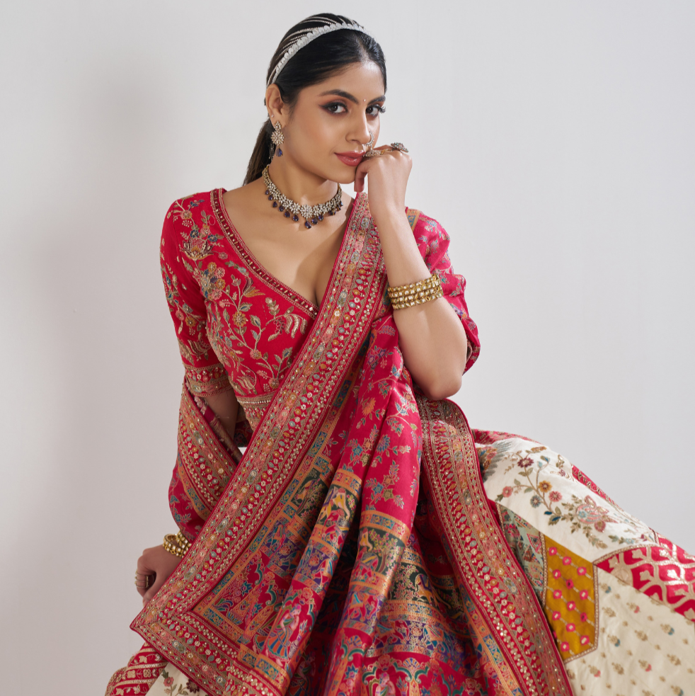 Multicolor Banarsi Mosaic Bridal Lehenga with Scalloped Design - qivii