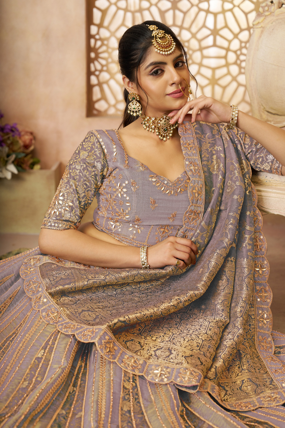Onion Brocade Bridal Lehenga with Banarasi Patches and Zari Panel Work - qivii