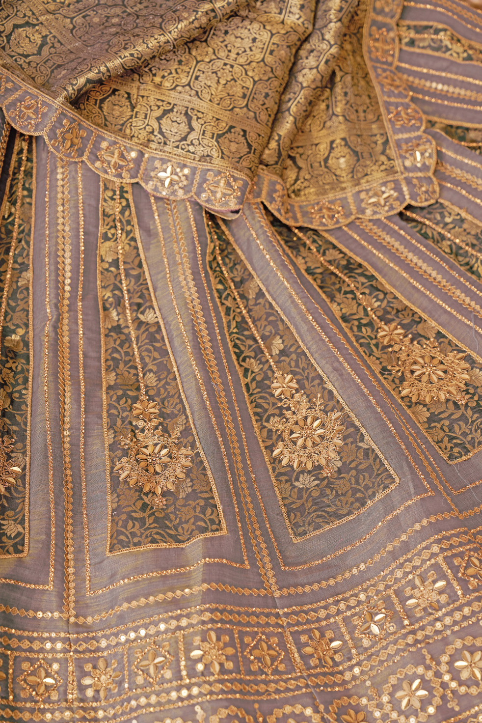 Onion Brocade Bridal Lehenga with Banarasi Patches and Zari Panel Work - qivii