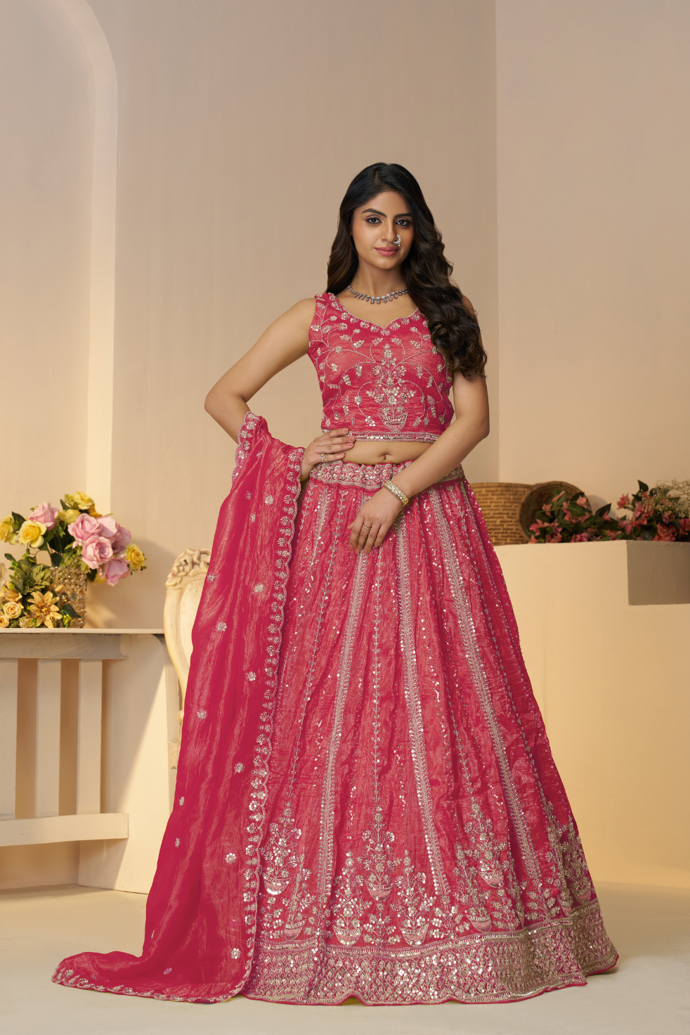Pretty Pink Silk Wedding Lehenga with Intricate Paisley Motifs - qivii