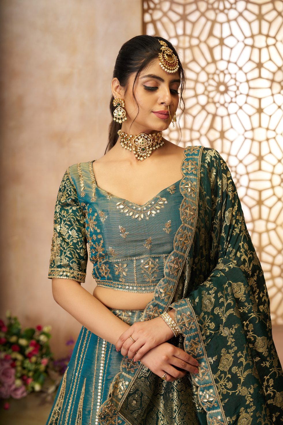 Regal Green Tissue Base Bridal Lehenga with Banarasi Patches and Zari Work - qivii
