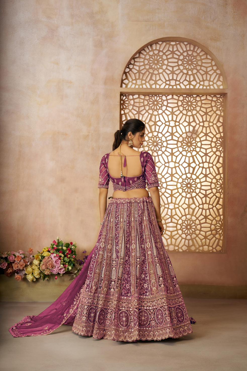 Royal Grandeur Purple Soft Net Bridal Lehenga with Paisley & Peacock Motifs - qivii