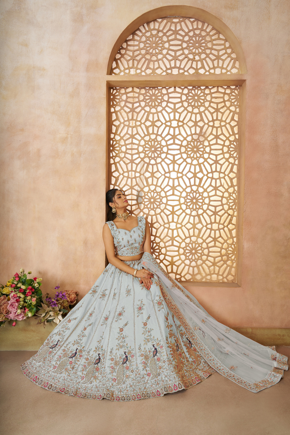Sky Blue Sequins Chinon Reception Lehenga Choli - qivii