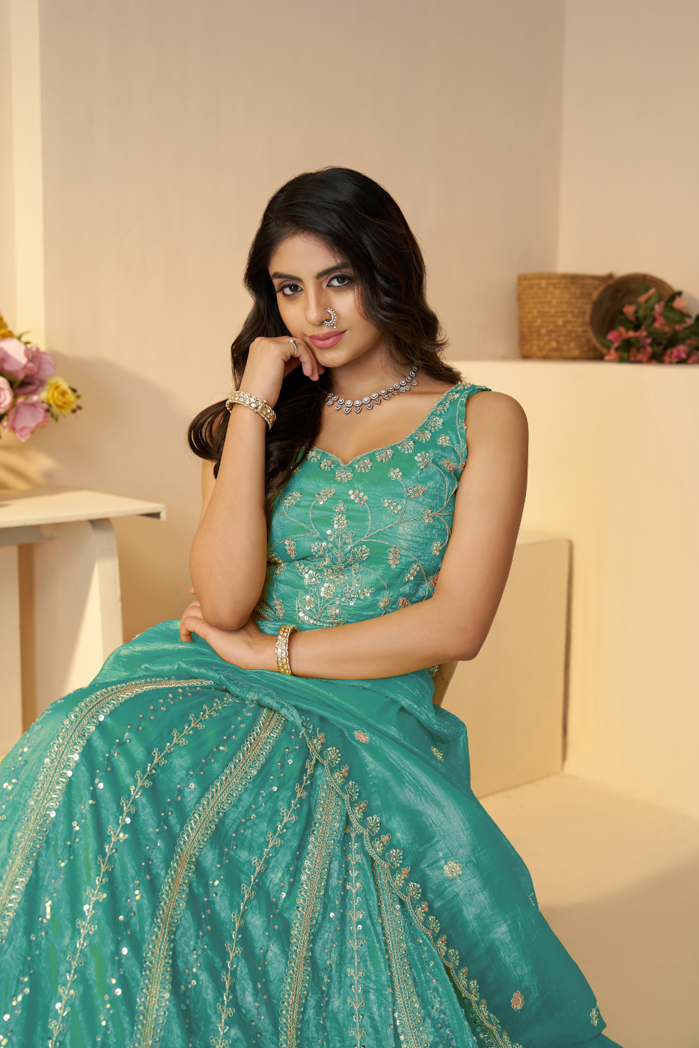 Sky Blue Silk Bridal Lehenga with Intricate Paisley Motifs and Embroidery - qivii