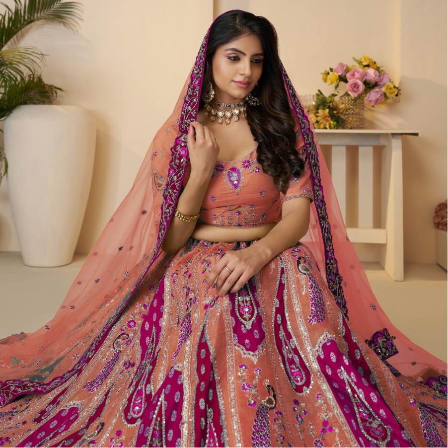 Sunrise Orange Traditional Designer Silk Lehenga with Elegant Cutwork - qivii
