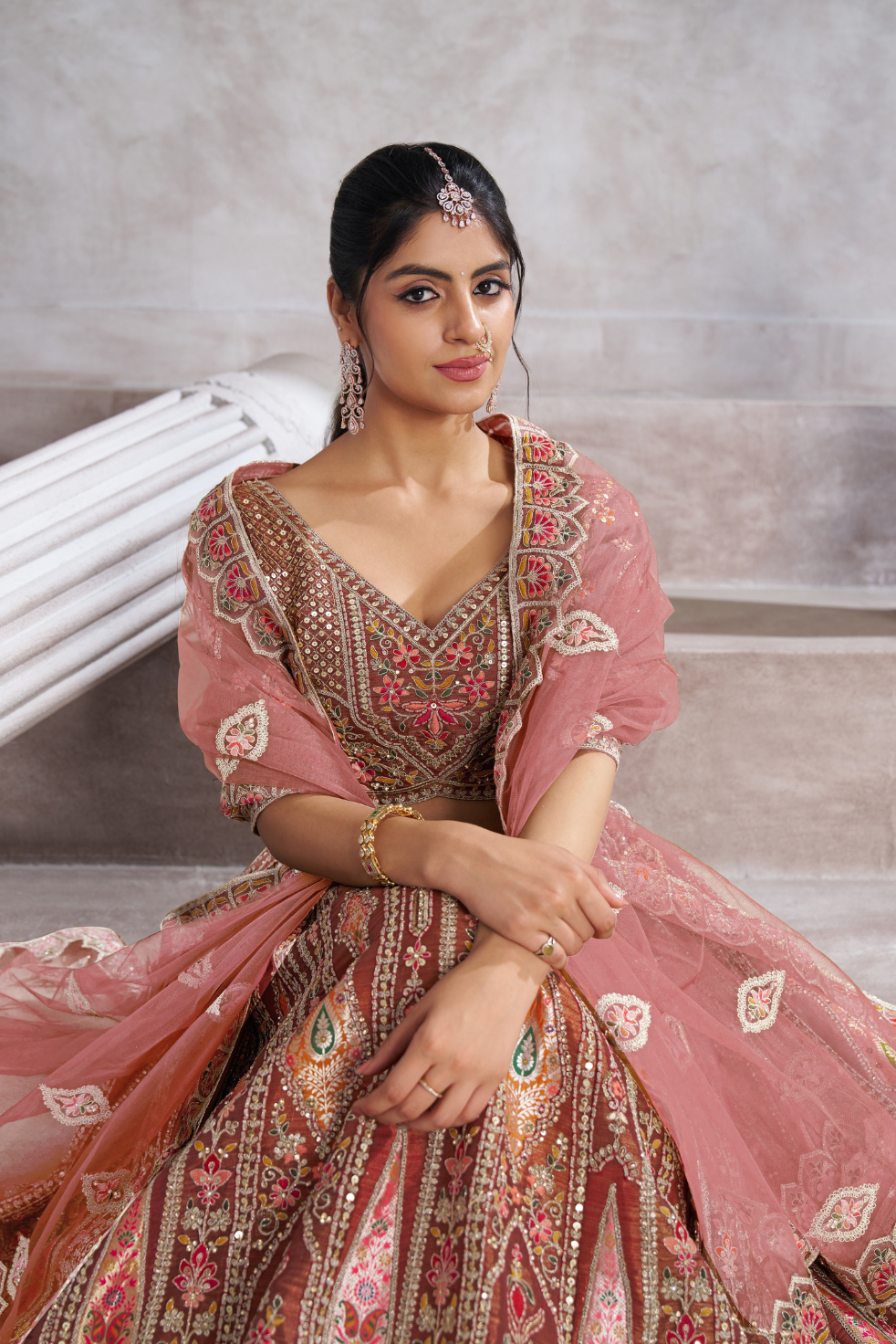 Trending Mocha Aari Work Banarasi Semi-Bridal Lehenga Choli - qivii