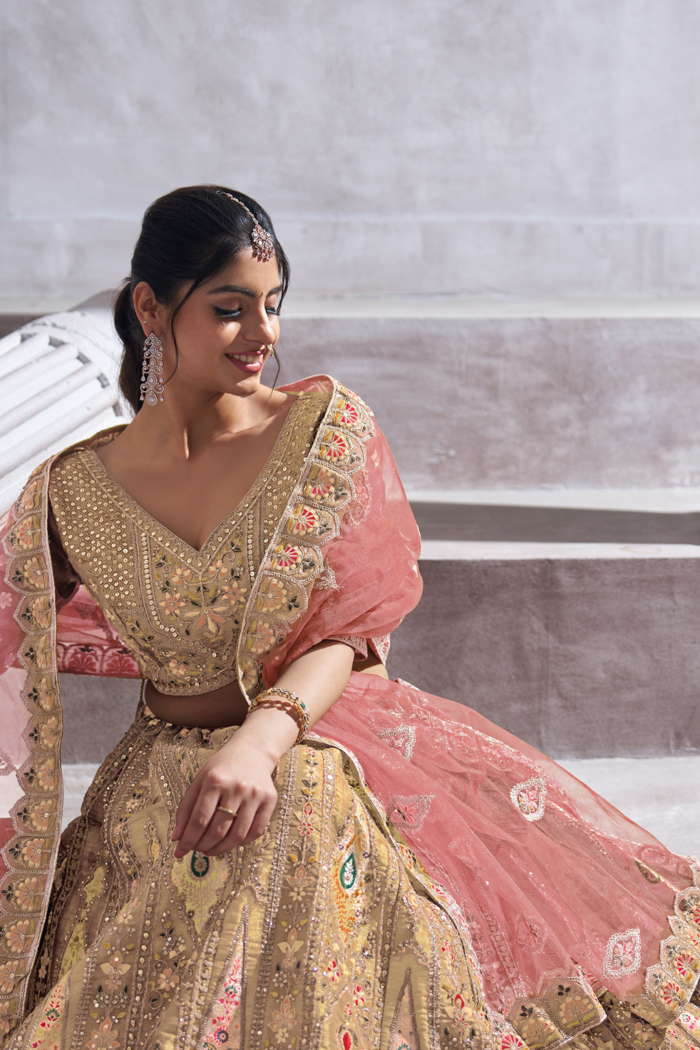 Trending Reception Wear Champagne/Chiku Color Lehenga with Patch Work - qivii