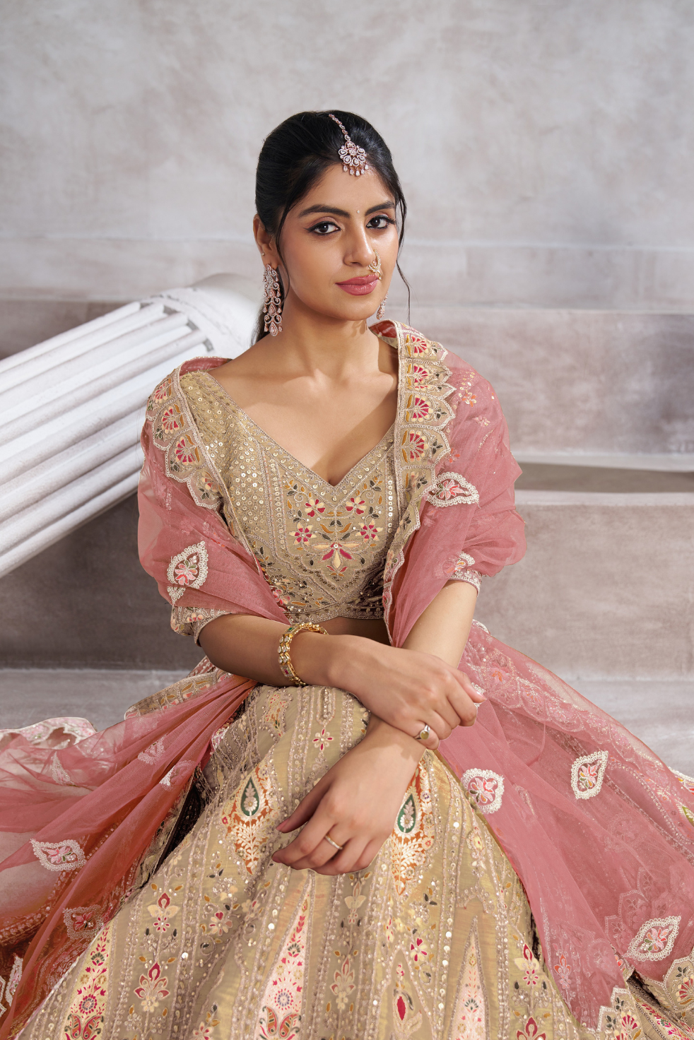 Trending Reception Wear Champagne/Chiku Color Lehenga with Patch Work - qivii