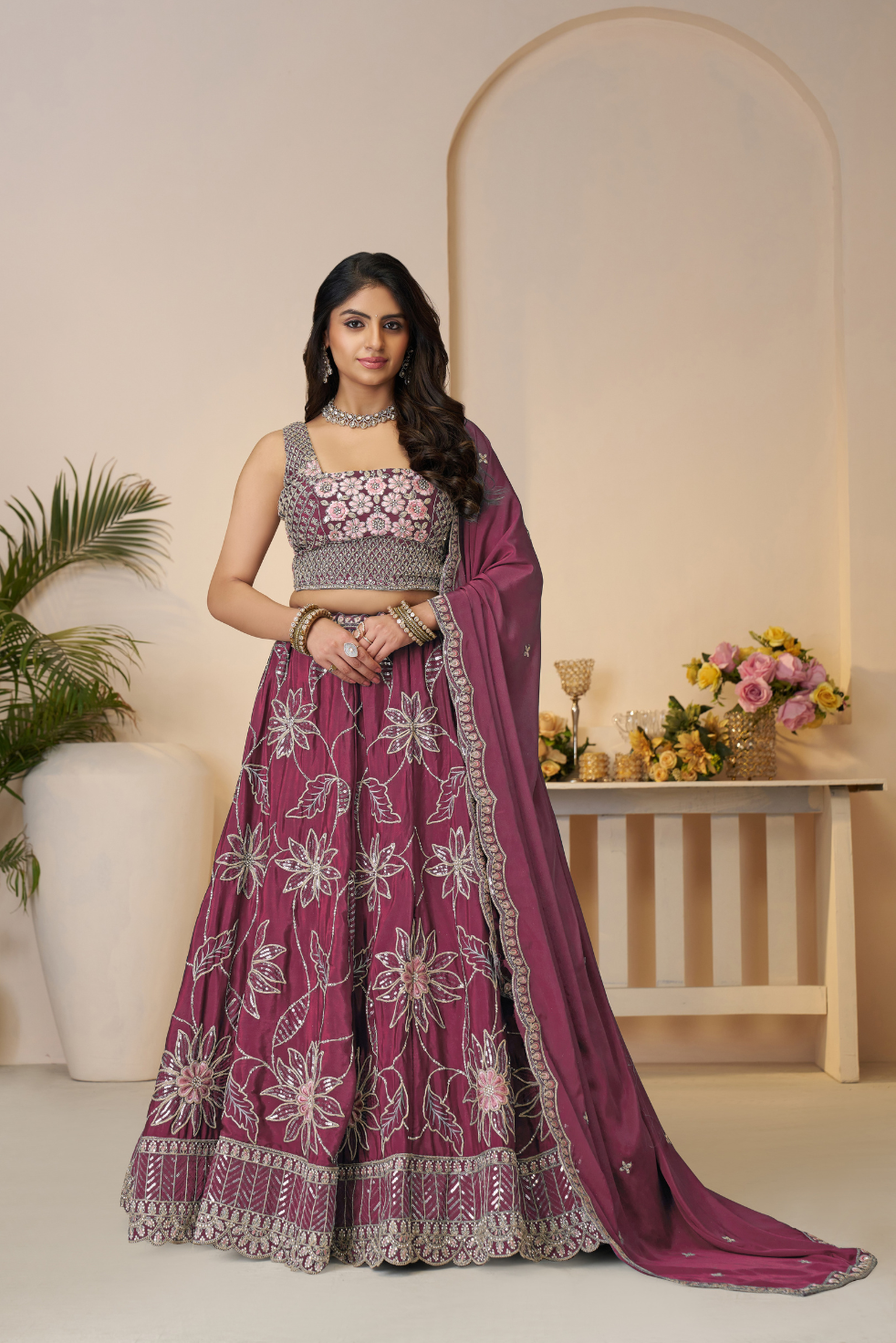 Vibrant Mahroon Floral Bridesmaid Lehenga for Special Occasions - qivii