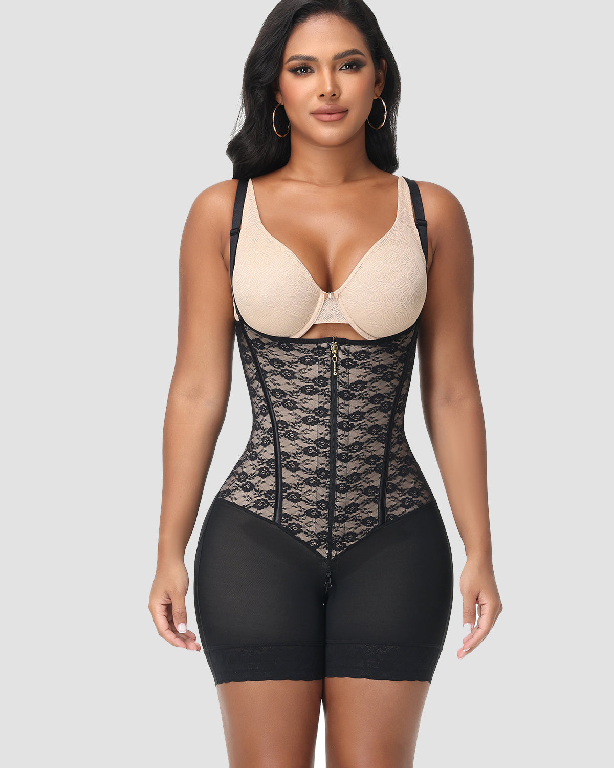 Extra Firm Hourglass Waist Tummy Control Zipper Shapewear with Lace