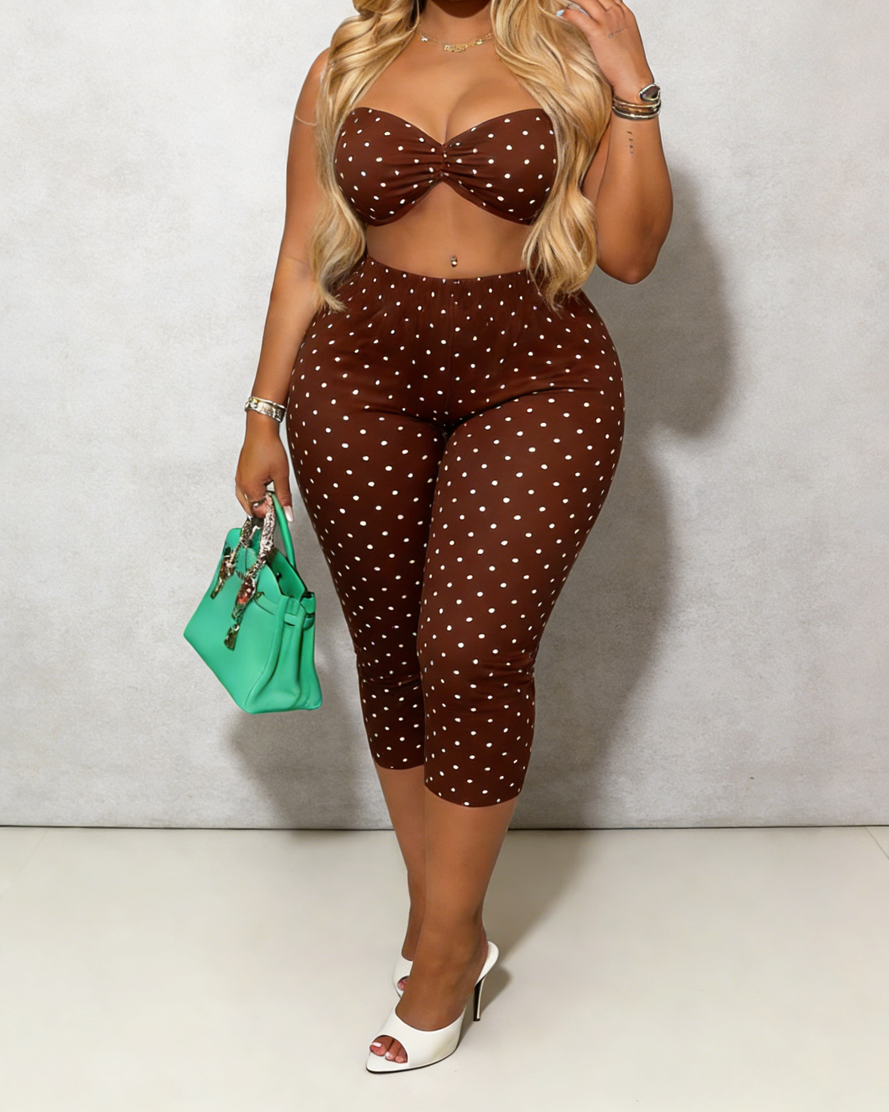 Polka Dot Print Sexy Hip-Lifting Capri Pants Set - By Qivii