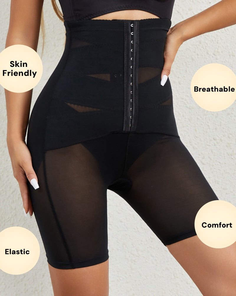 High Waist Stretchy Mesh Shaping Shorts with Adjustable Buckle - By Qivii