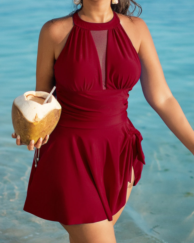 Large Size Halter Neck Mesh Panel Tummy Control Swimsuit with Side Bow - By Qivii