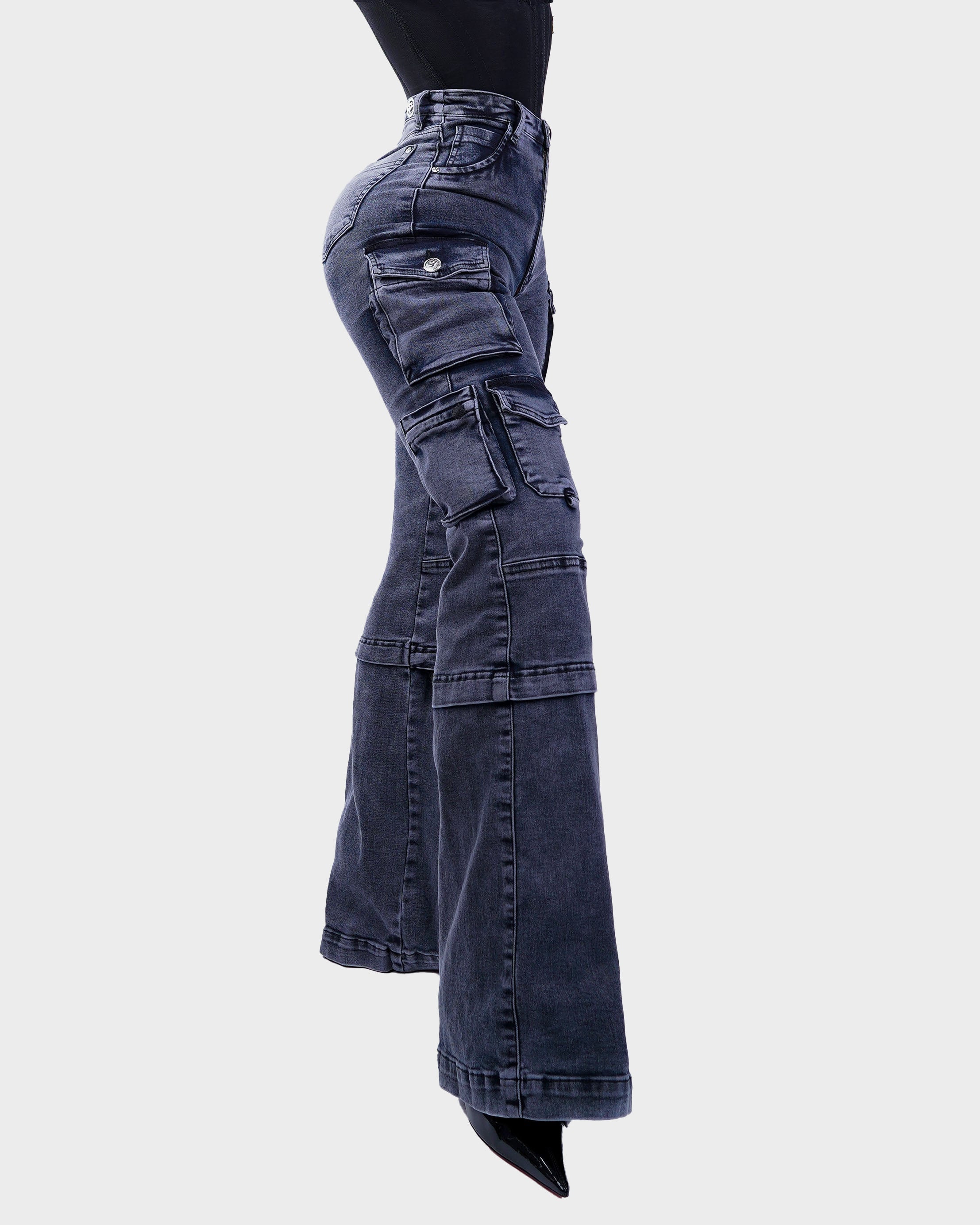 High Waist Multi Pocket Vintage Washed Flare Cargo Jeans - By Qivii