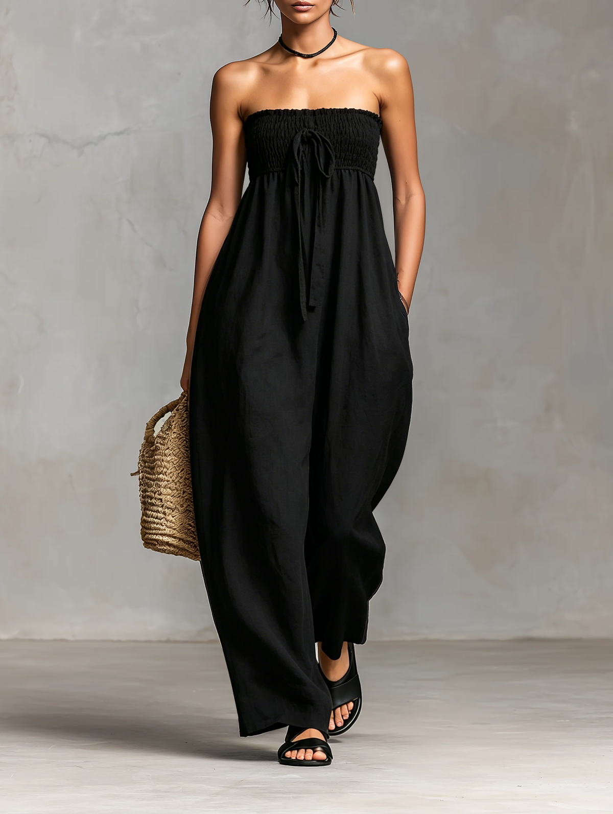 Women's Minimalist Loose-fitting Linen Blend Strapless Jumpsuit With Tie Closure MDZ2024A9Y