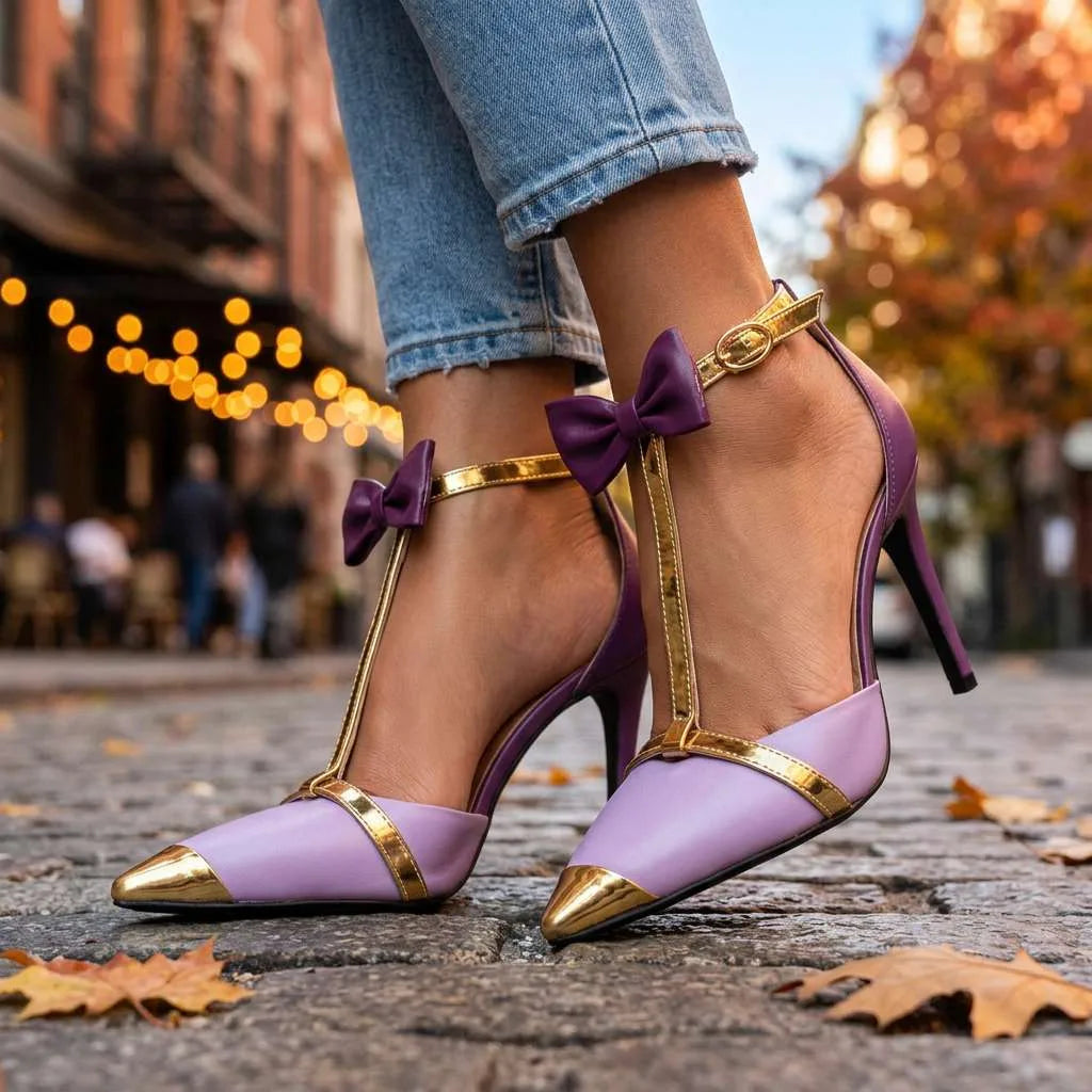 Purple Larissa Bow Tie Heels by Hudson Ridge, women's footwear with elegant bow detail and stylish heel design.
